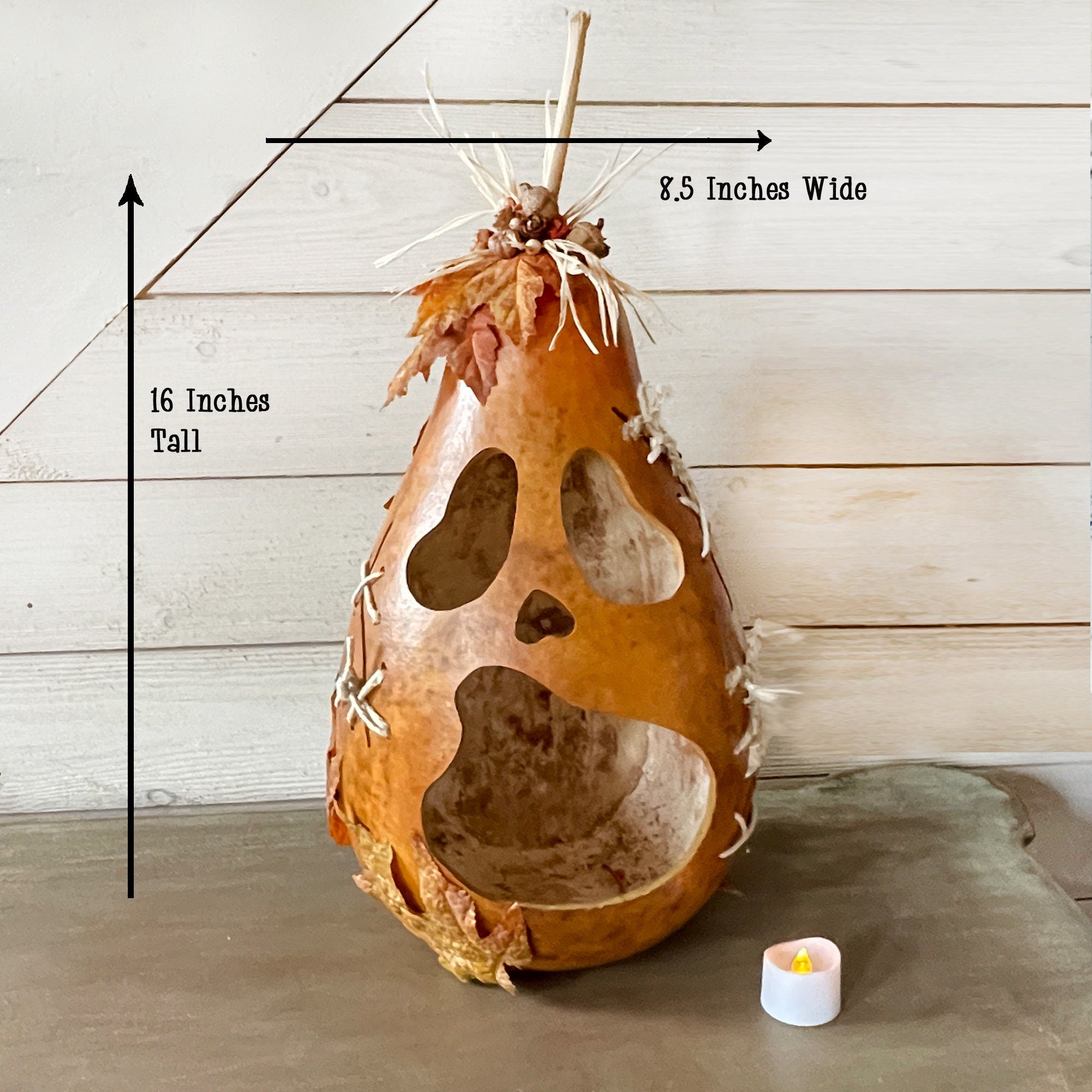 Decorative gourd with measurements on a wooden background
