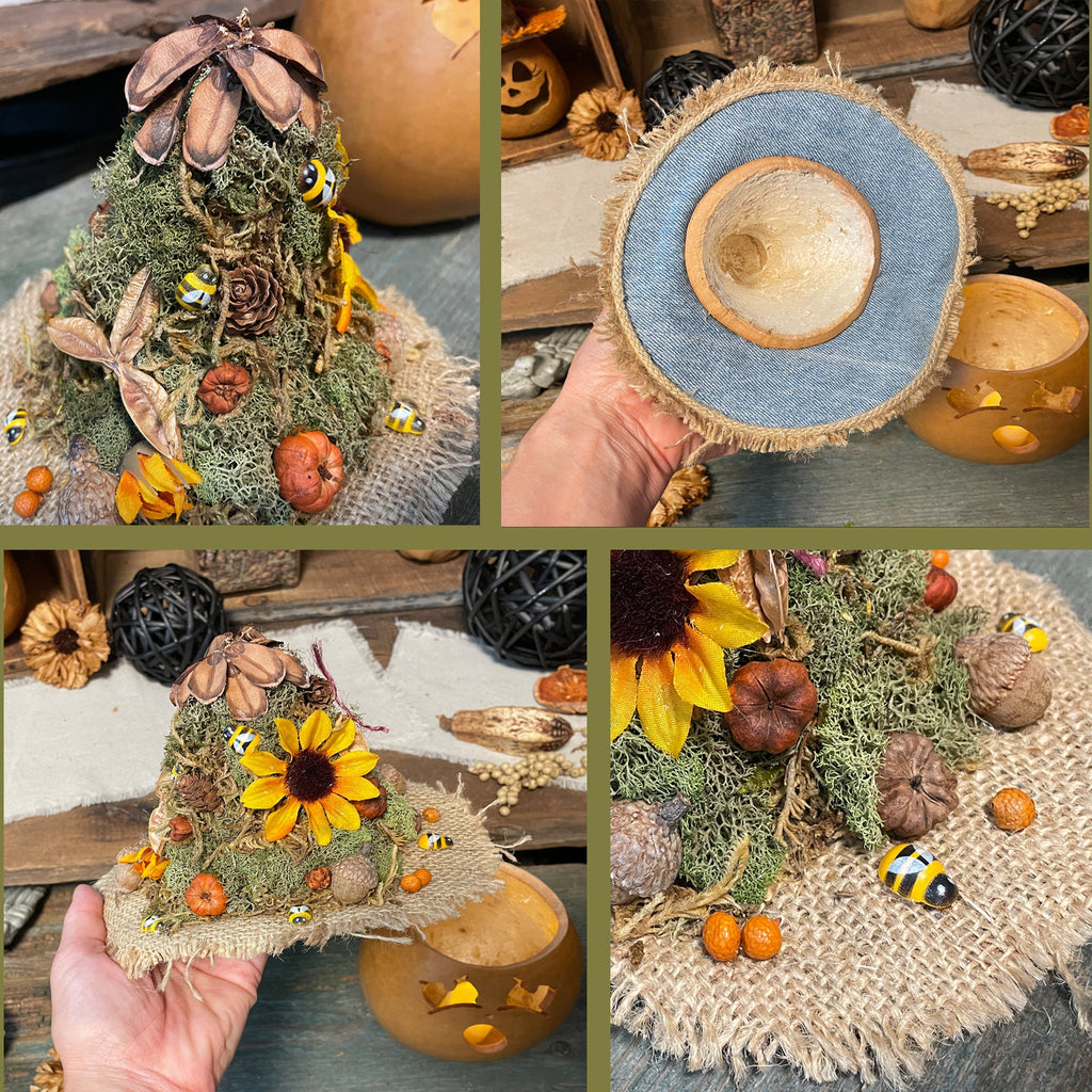 Collage of autumn-themed decorations including a wreath, sunflower decoration, and rustic items.