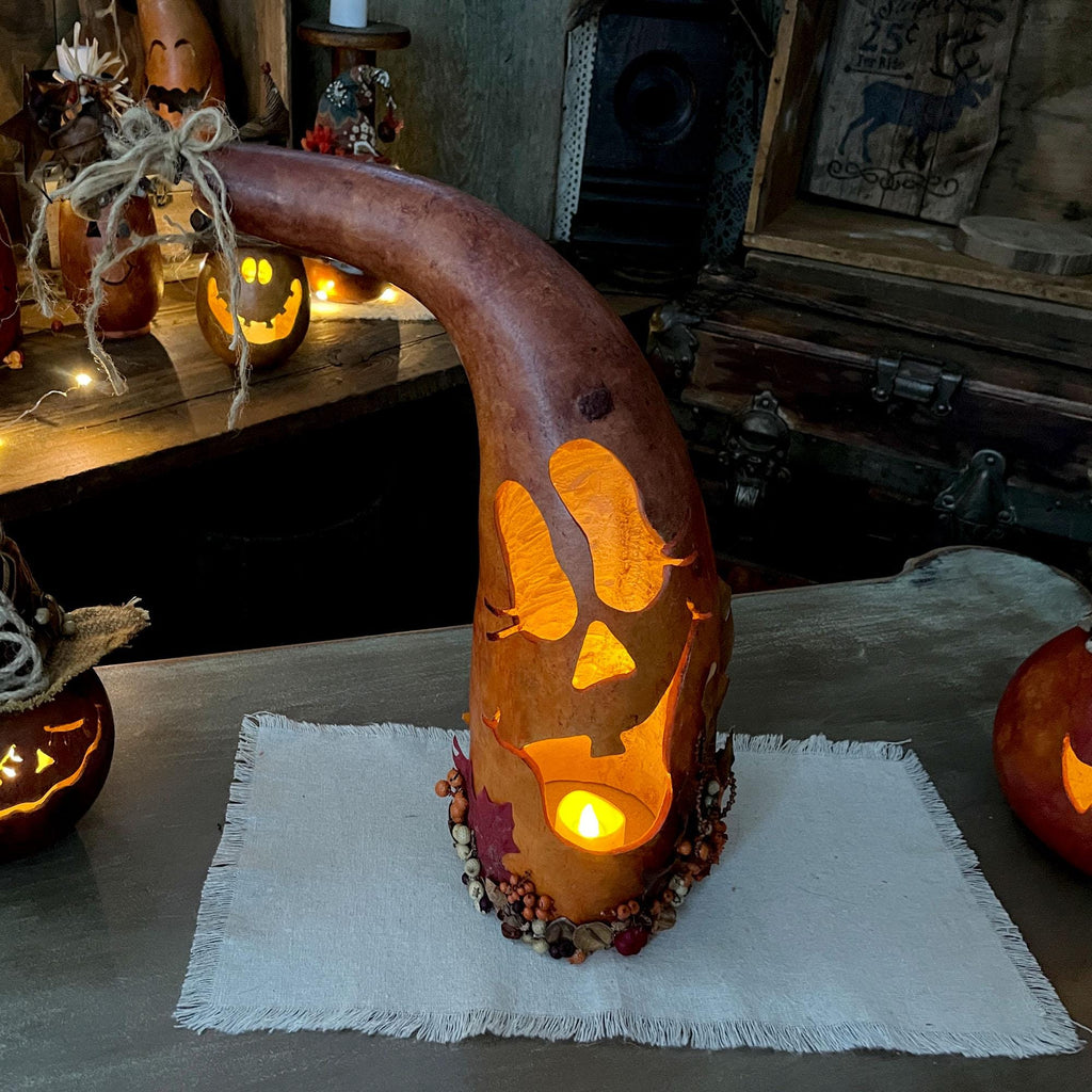 Pearl – Whimsical Hand Carved Pumpkin Gourd with Candle Light