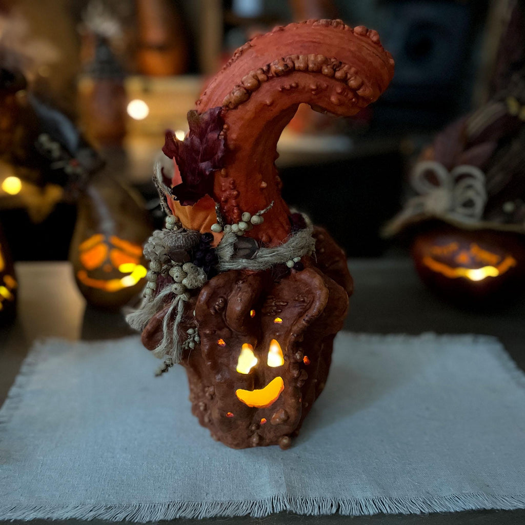 Unusual Halloween Pumpkin Decor With Candle, Fall Gourd, Autumn table decoration, Nature Inspired Decor, Unique fall collectible gourd gift