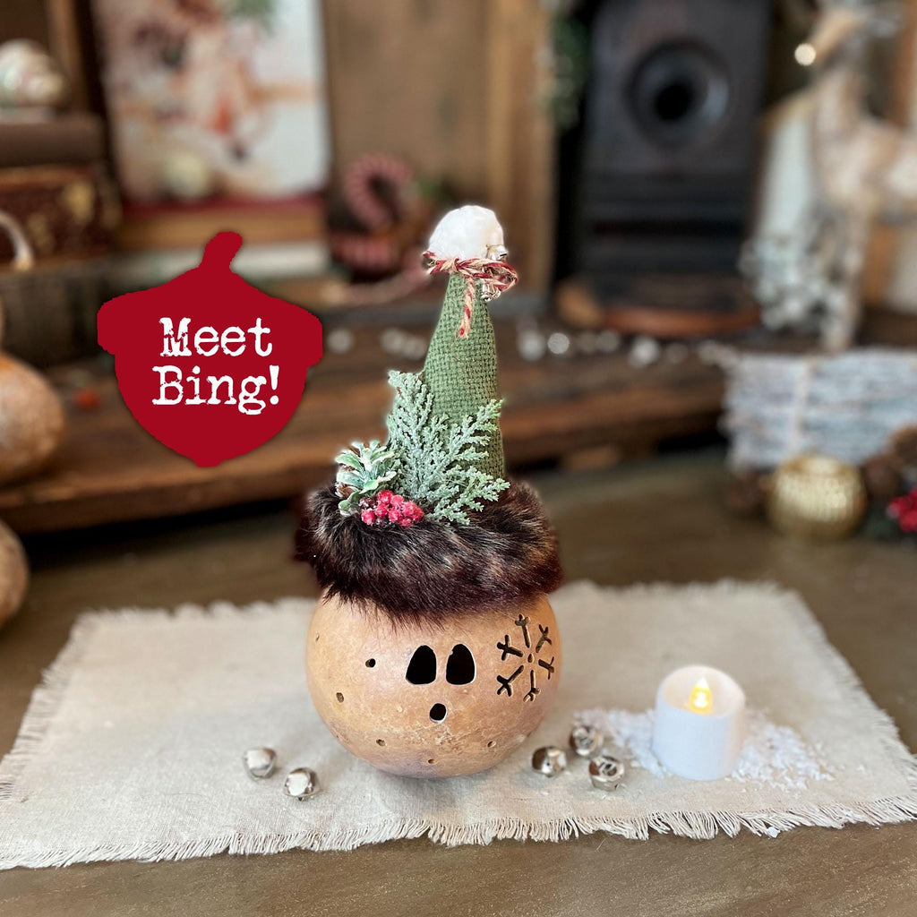 Bing the Christmas Elf handcrafted from a real dried gourd with battery-operated candle