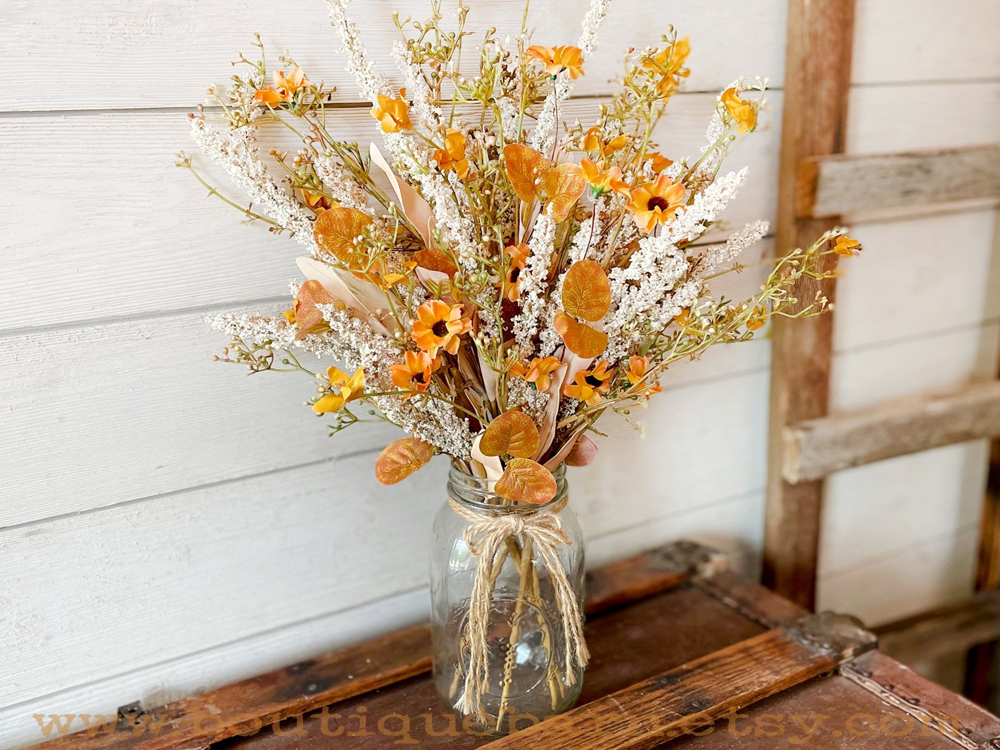Faux Flowers, Wildflower Spray With Gold Daisies and Heather, Artificial Flowers For Your Rustic Centerpiece, Fall Foliage Arrangement