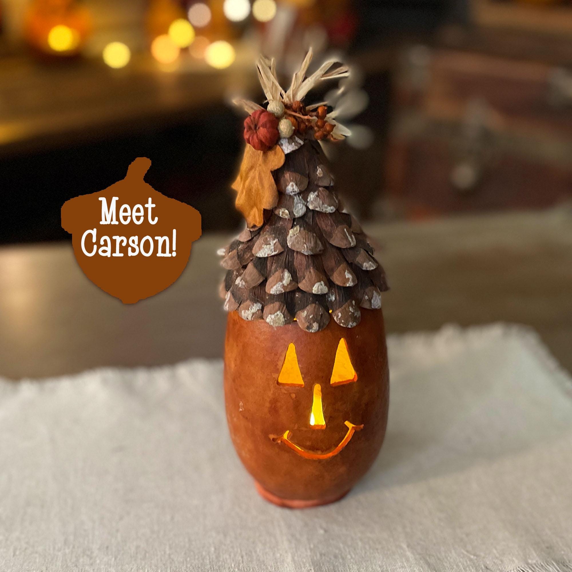 Decorative pumpkin with pine cone roof and glowing interior on a soft surface.