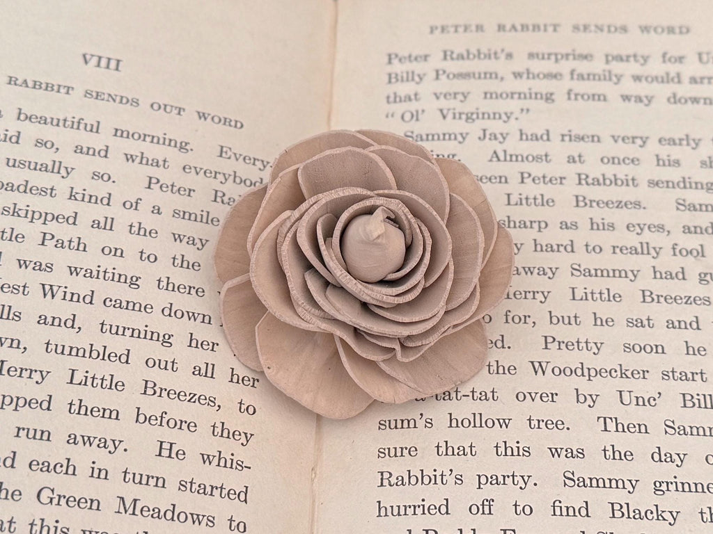 Brown round wood flower on a book page