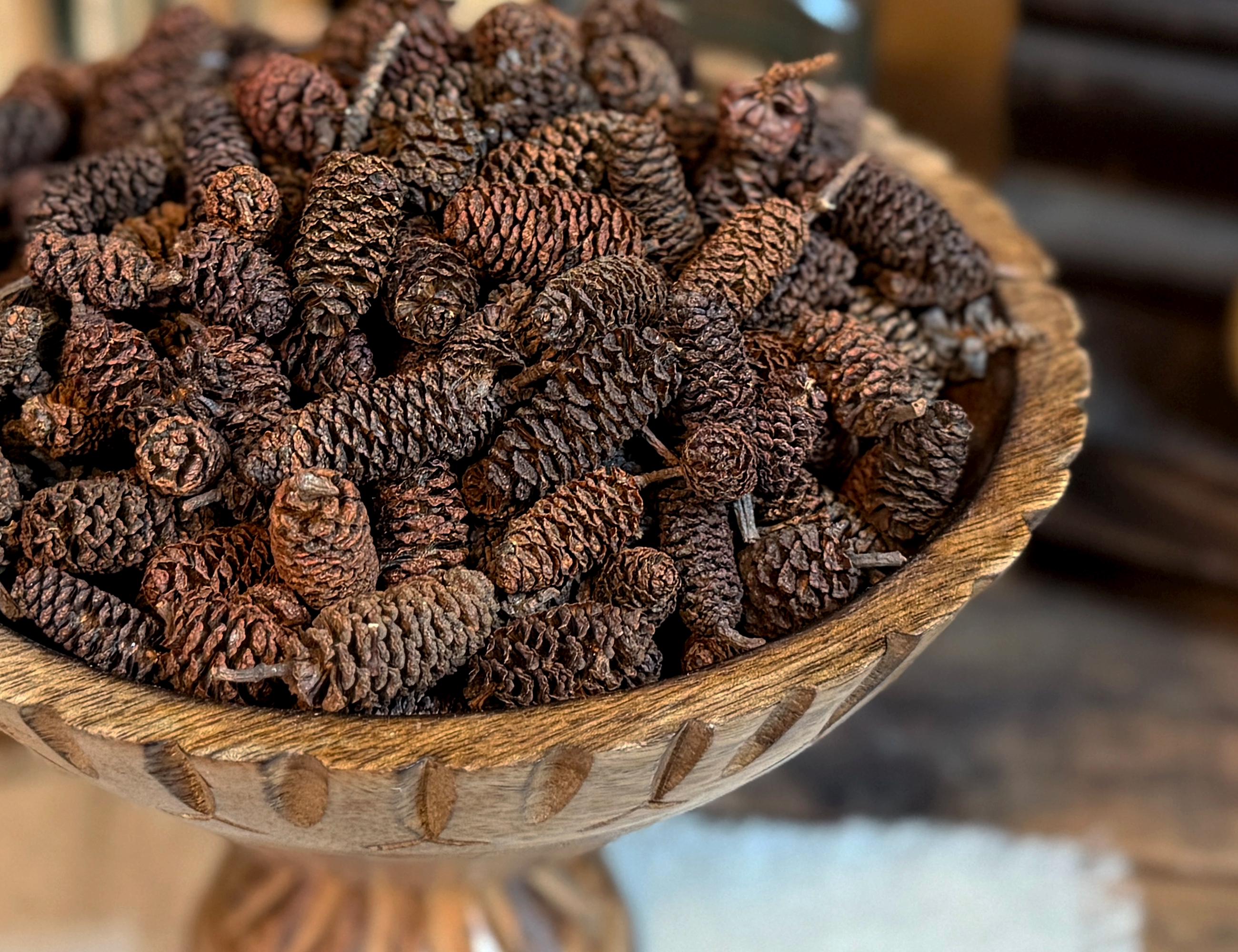 Wooden bowl filled with pine cones on a blurred background