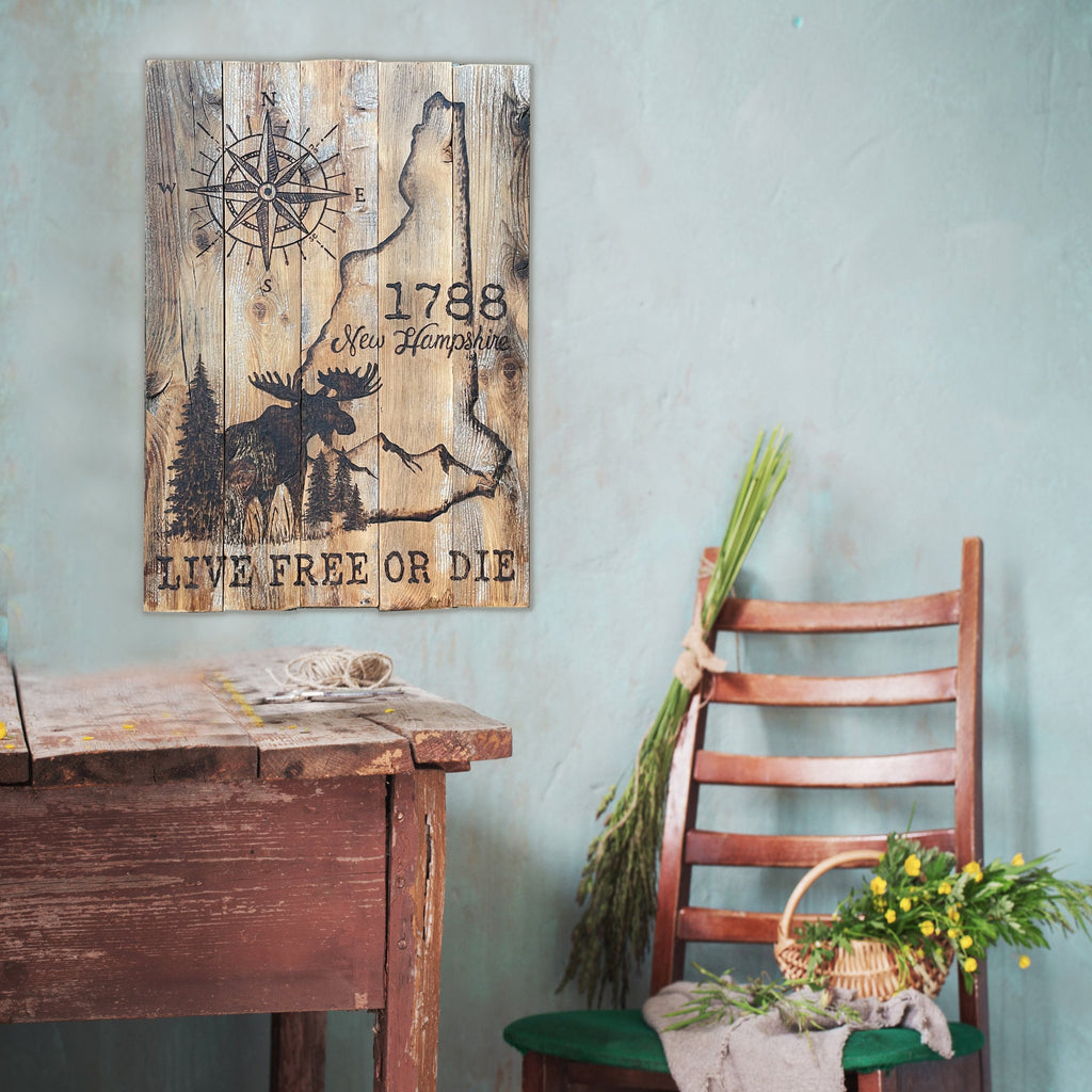 New Hampshire Wall Art – Handmade Rustic Wood State Map with Moose