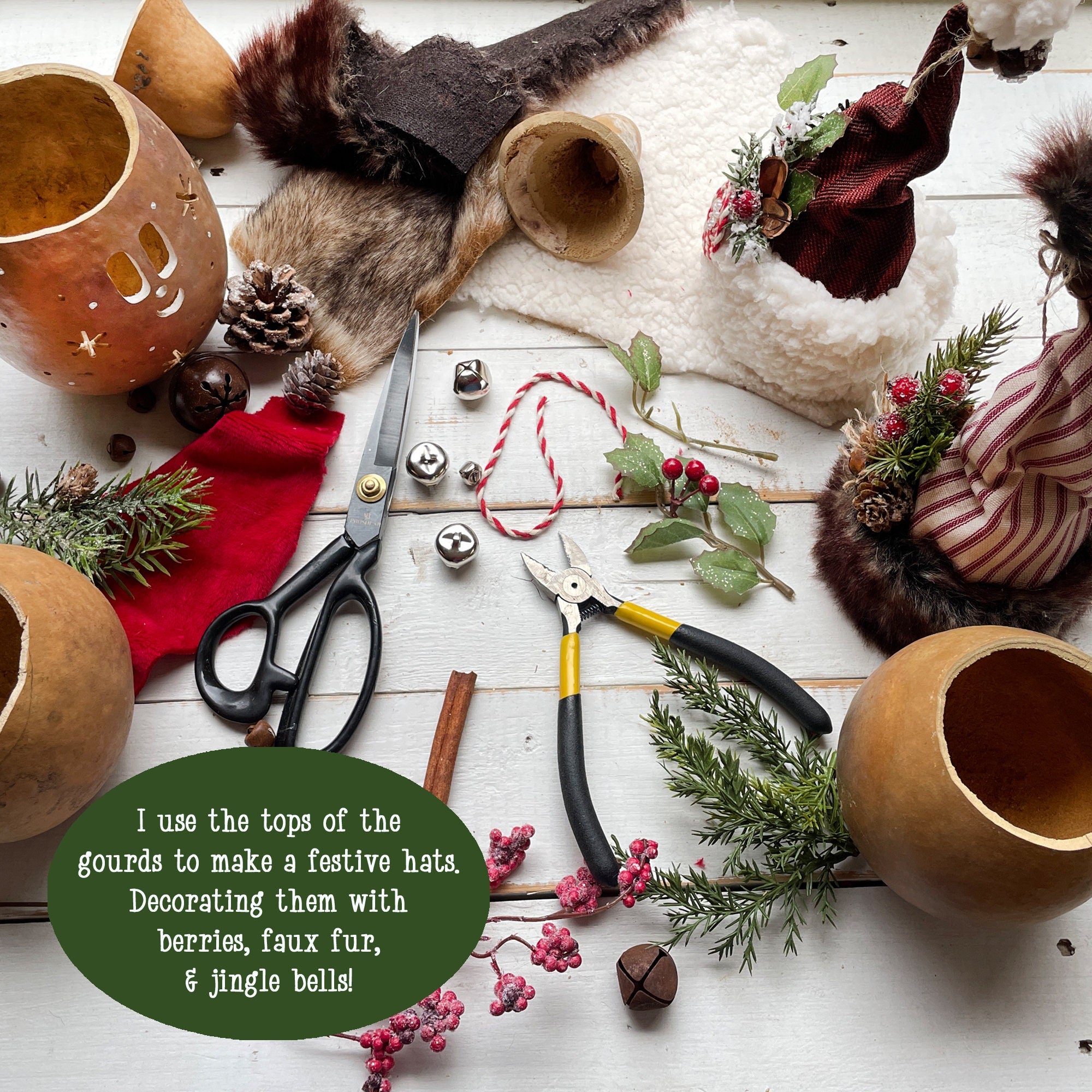 Decorative items including gourds, scissors, and greenery on a white surface with text overlay.