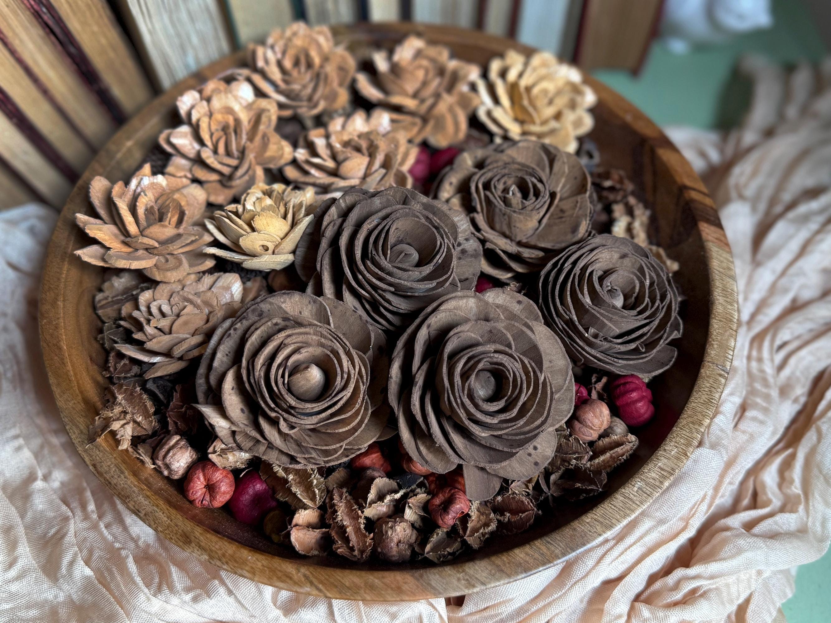 Chocolate Brown Ranunculus – Natural Wood Flower Bowl Filler & Centerpiece