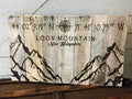 Wooden sign with mountain design and coordinates of Loon Mountain, New Hampshire.