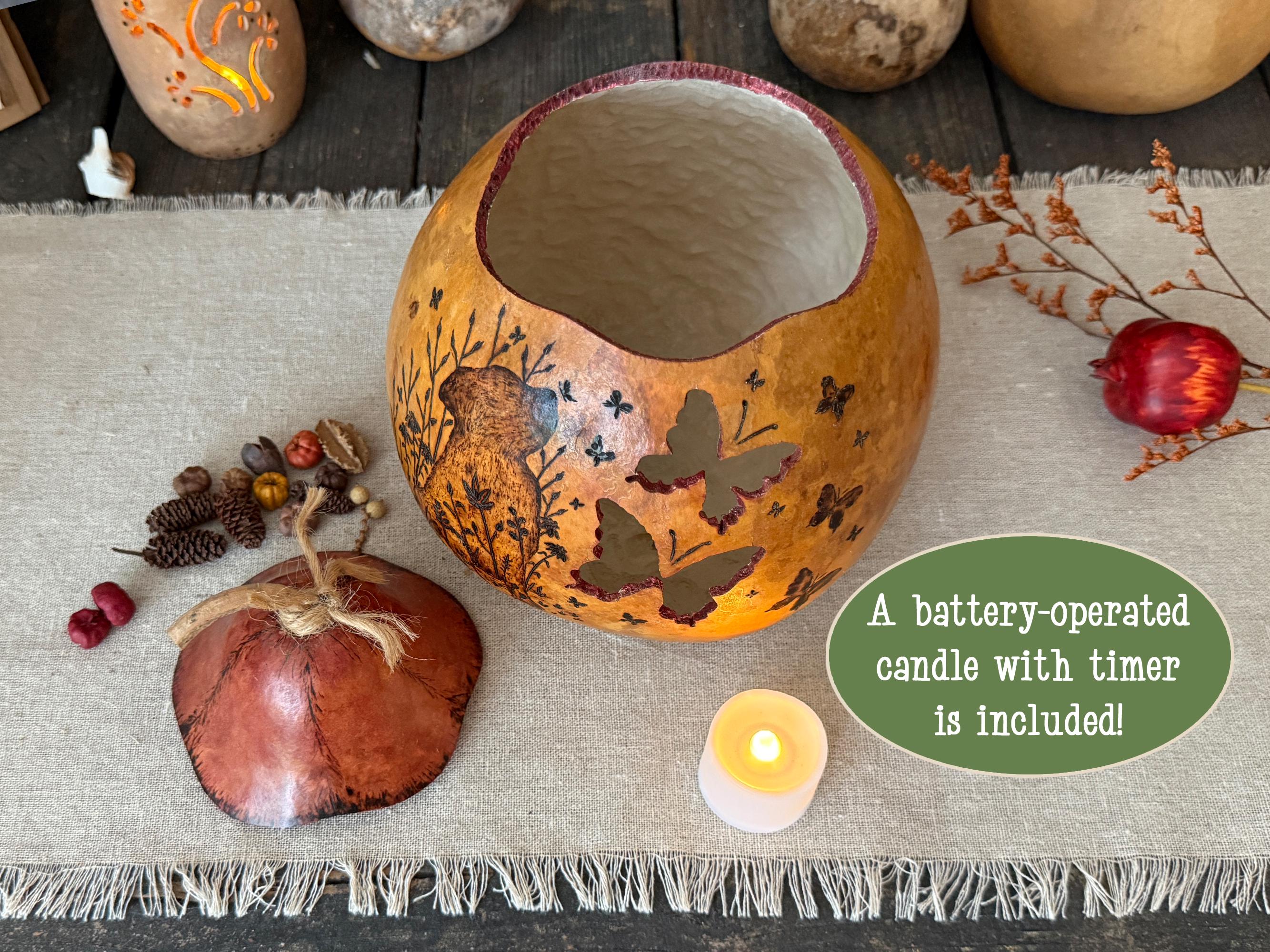 Personalized Dog Gift – Handcrafted Gourd Light Table Centerpiece with Butterfly Artwork