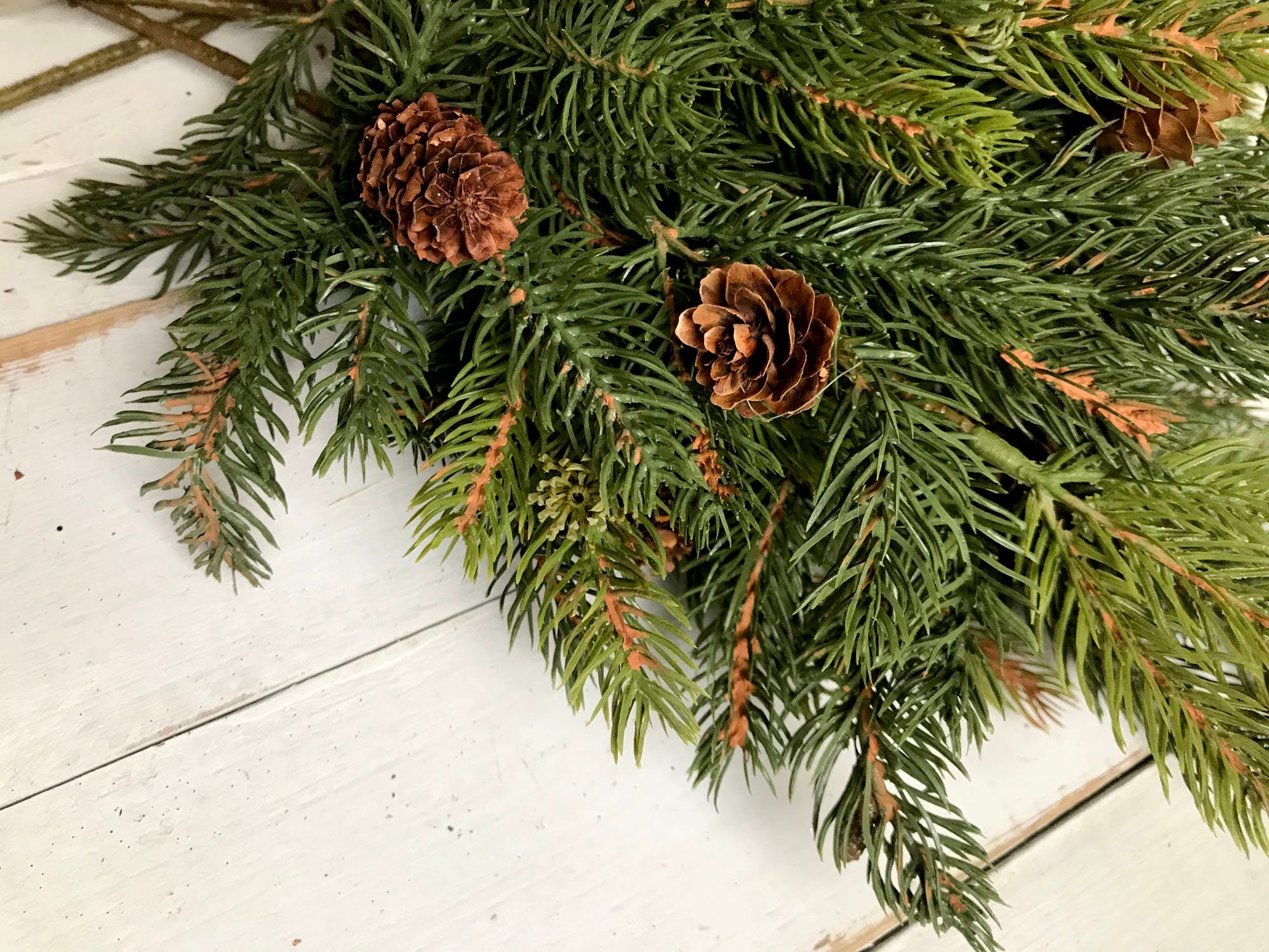 Green pine branches with pinecones on a light wooden surface
