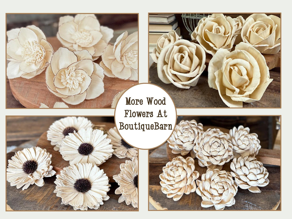 Collage of wooden flowers on a wooden surface with text directing viewers to BoutiqueBarn.