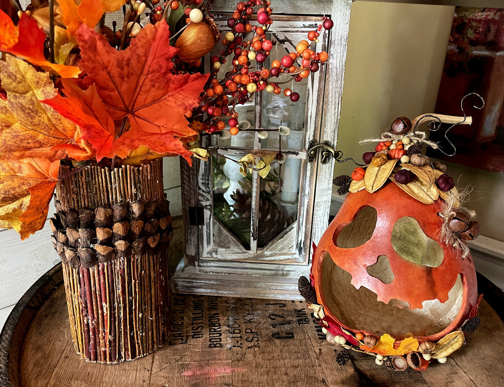 Simon – Handcrafted Pumpkin Gourd with Stitched Scar | Fall Table Decor