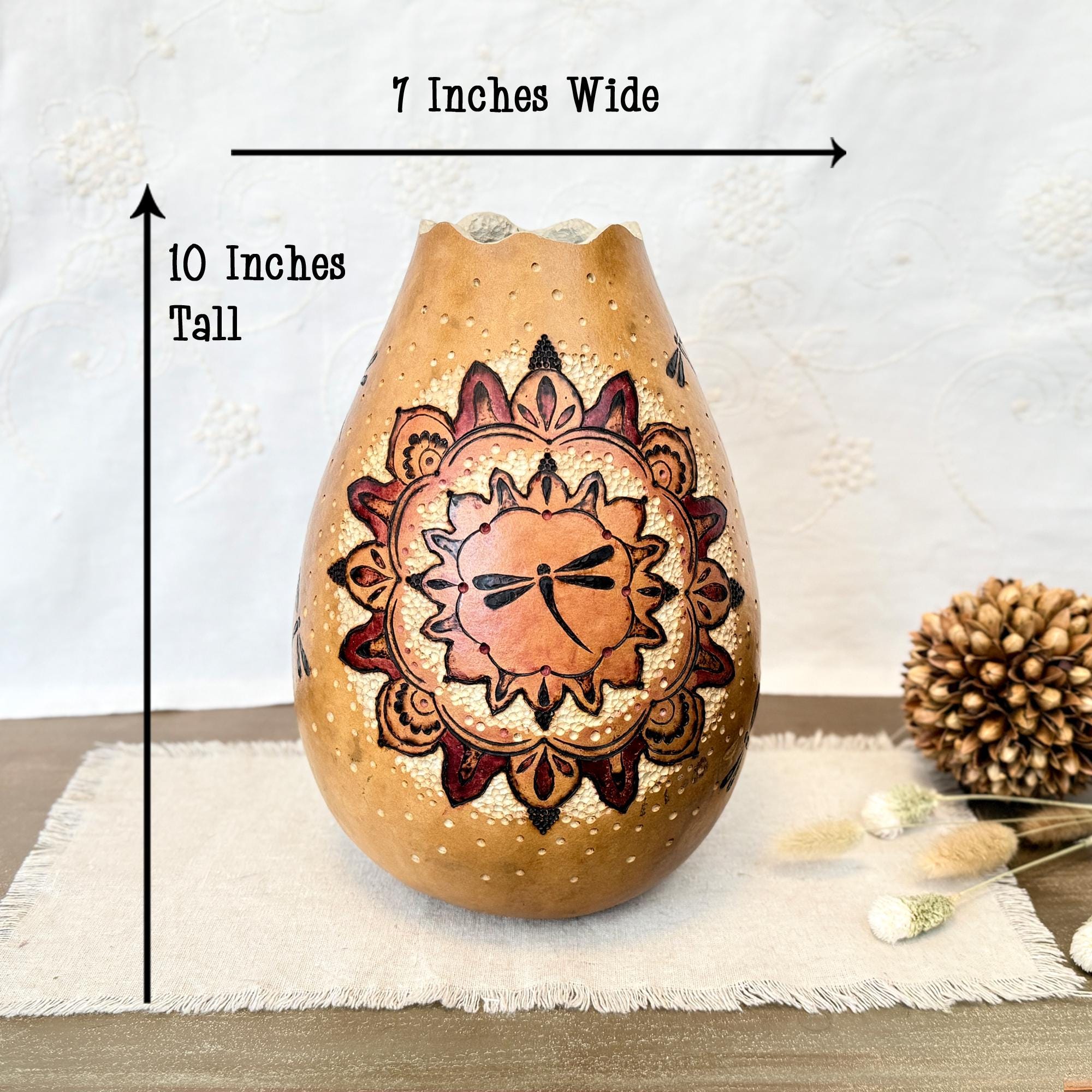 Decorative vase with mandala design, shown with measurements on a neutral background
