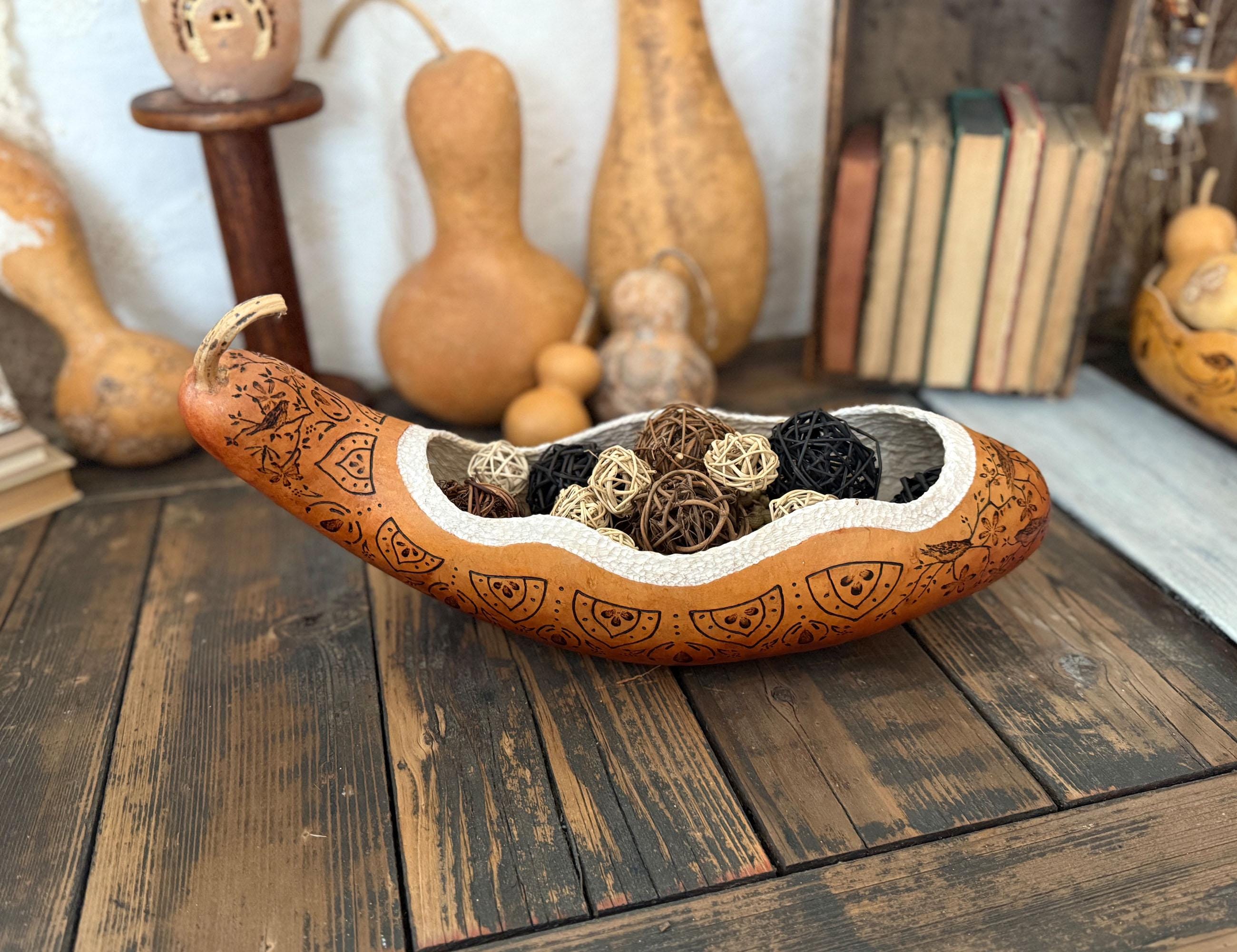 Boho Farmhouse Gourd Bowl – Handmade with Bird Artwork