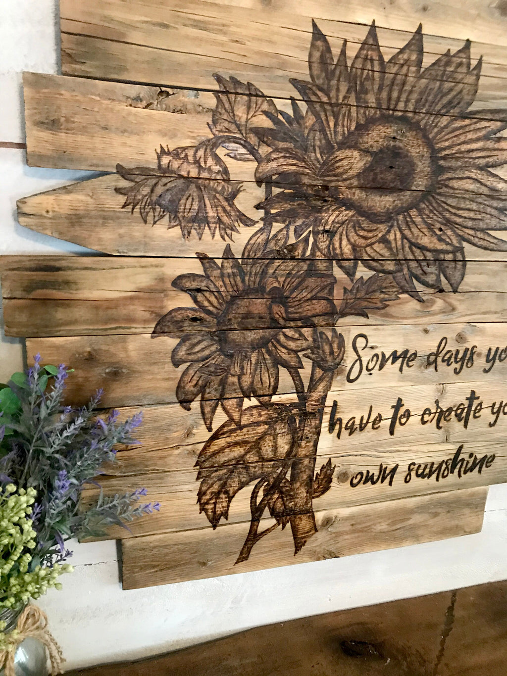 Sunflower Wall Art – Rustic Boho Wood Wall Hanging with “Create Your Own Sunshine” Quote