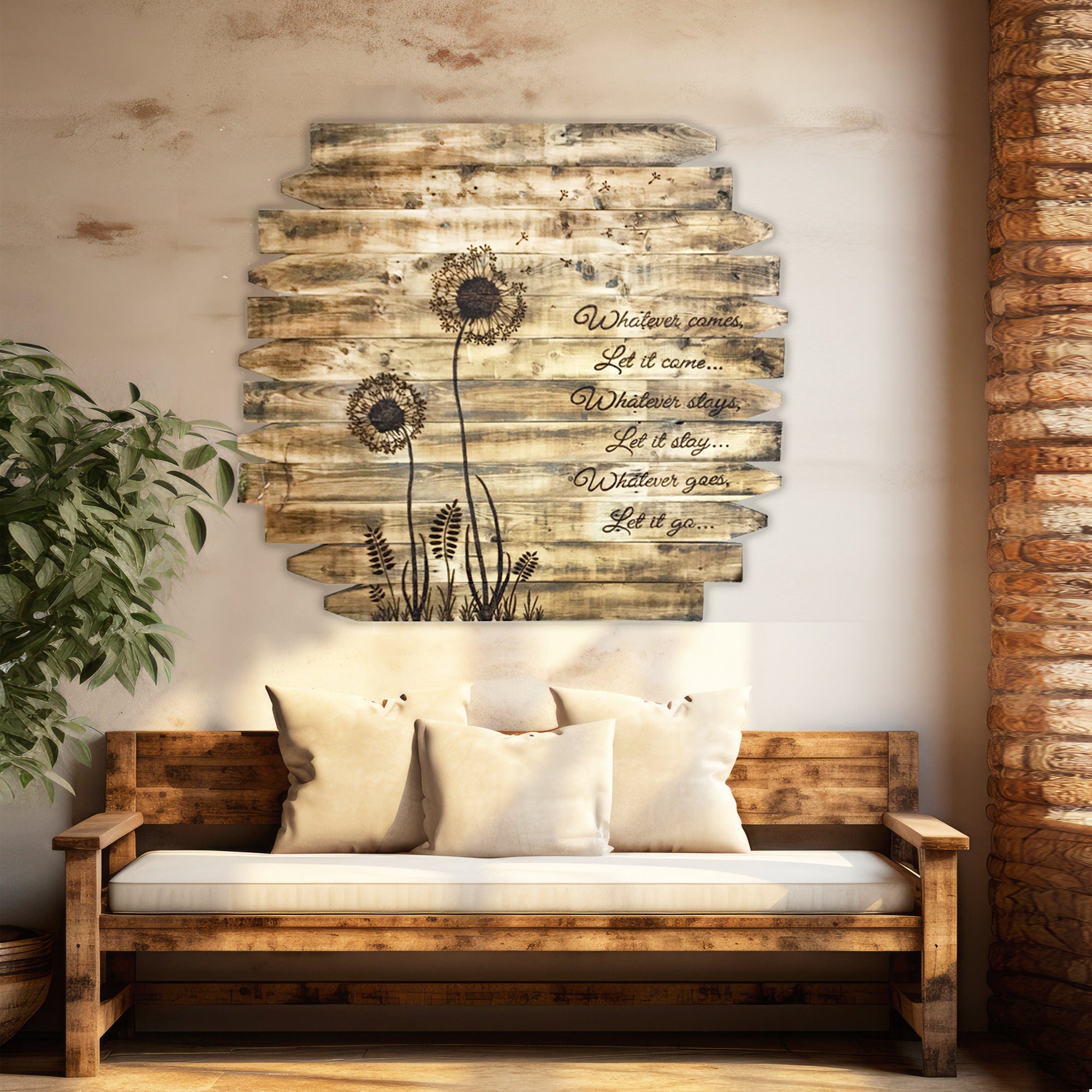 Wooden wall art with floral design and text above a wooden bench in a room with a plant.