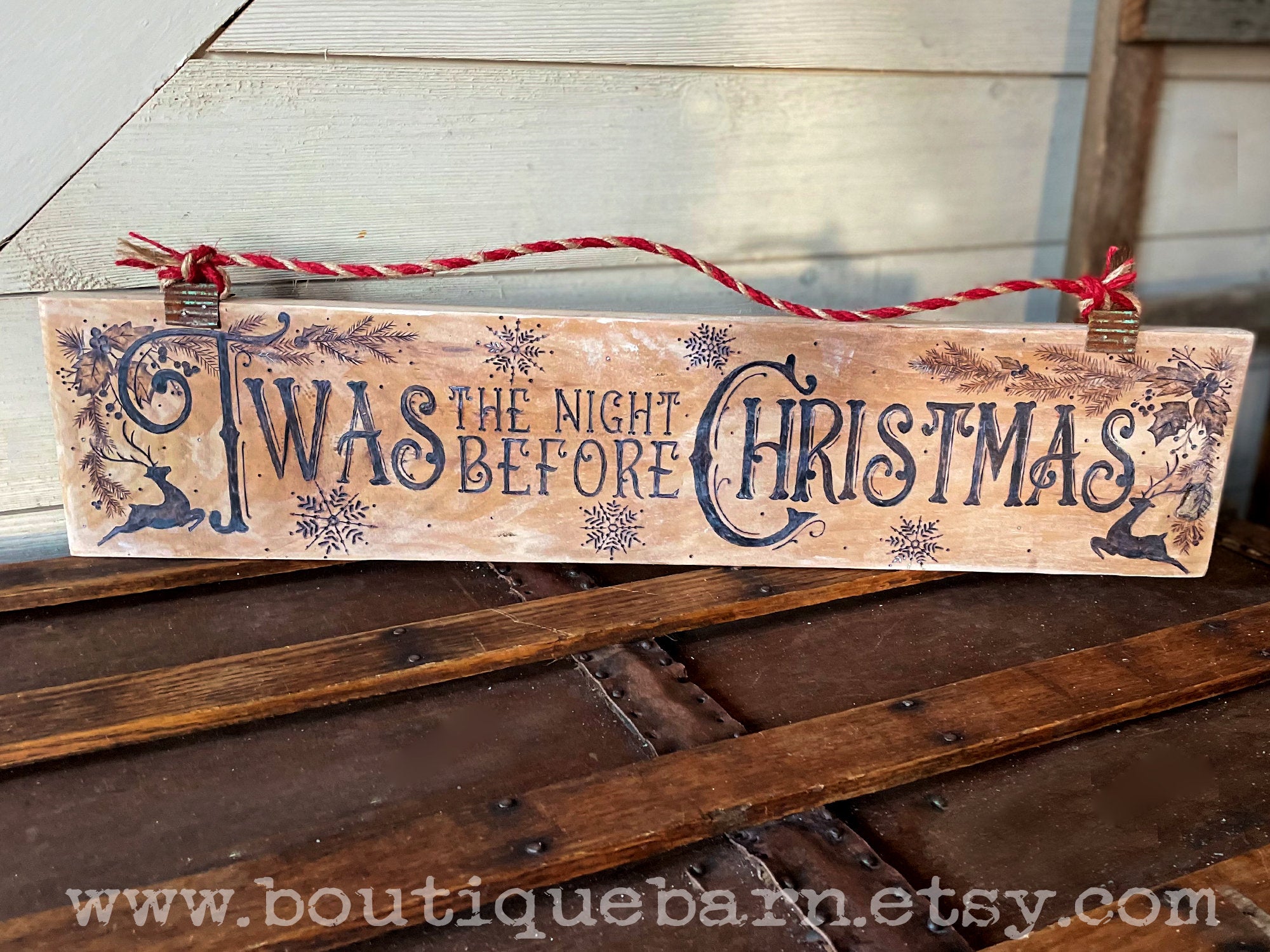 Handmade Rustic Christmas Sign, Reindeer Decoration, Twas The Night Before Christmas, Reclaimed Wood Sign, Mantle Decor