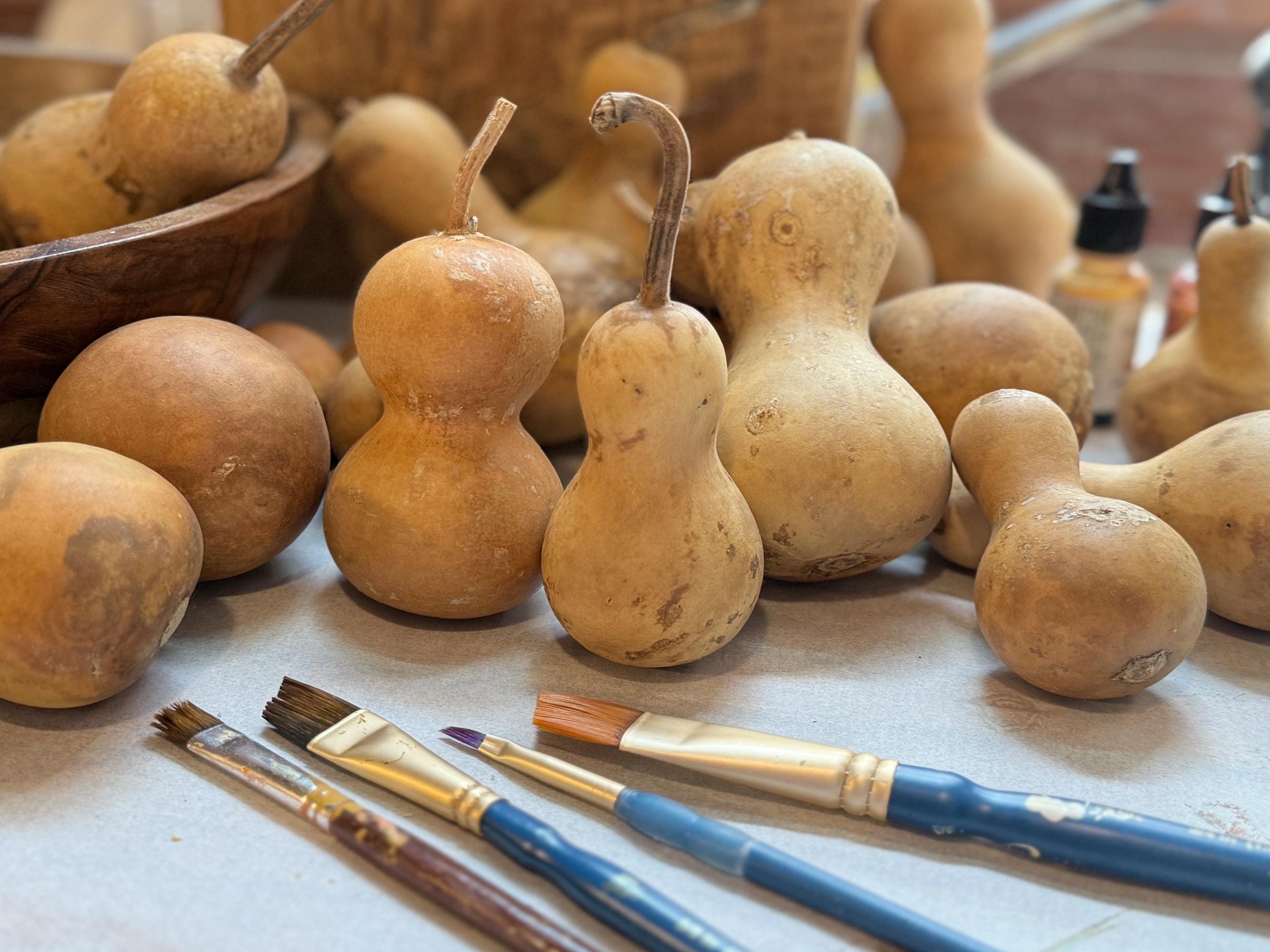 Mini Gourds on a table with painting tools