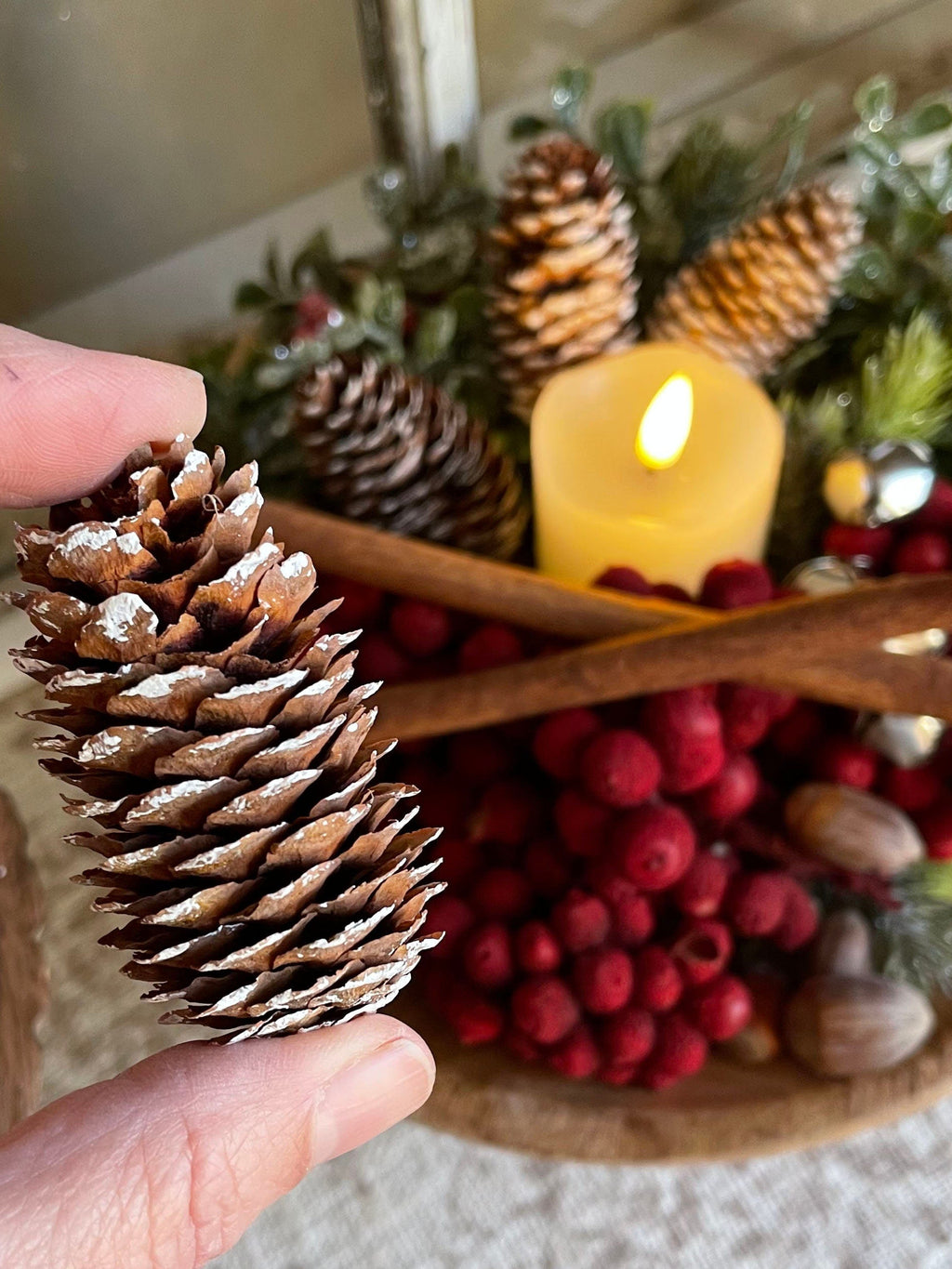 Person holding a pine cone with a festive background featuring berries, pinecones, and a candle.