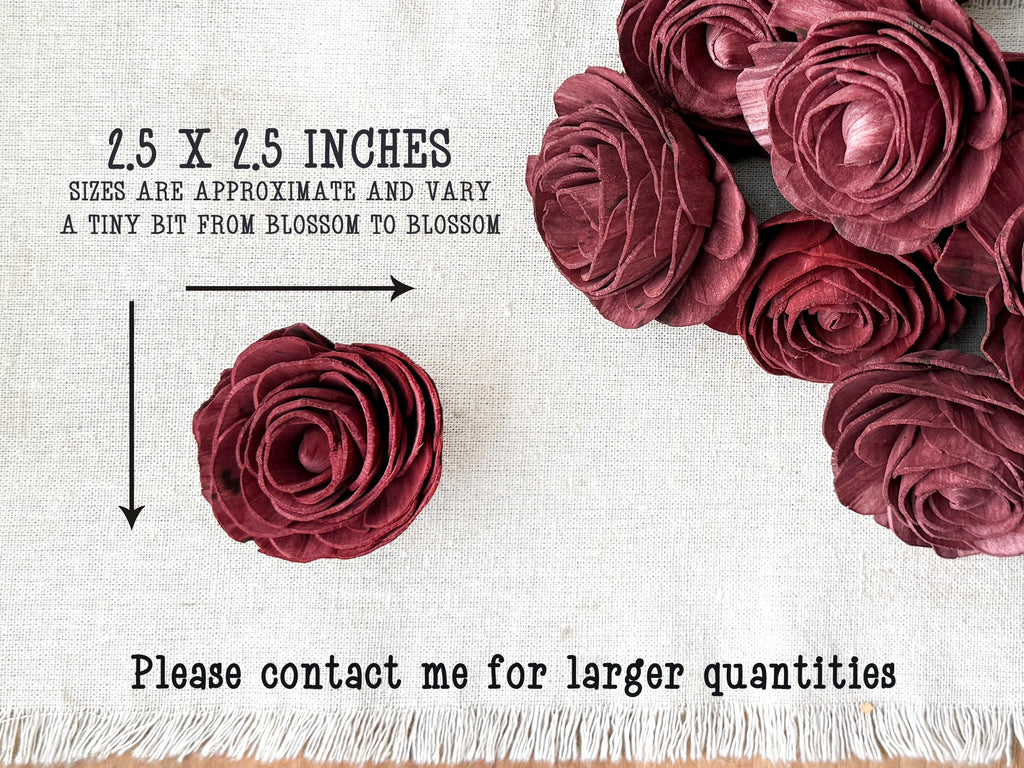 Red wood flowers on a white background with text about size and quantity.