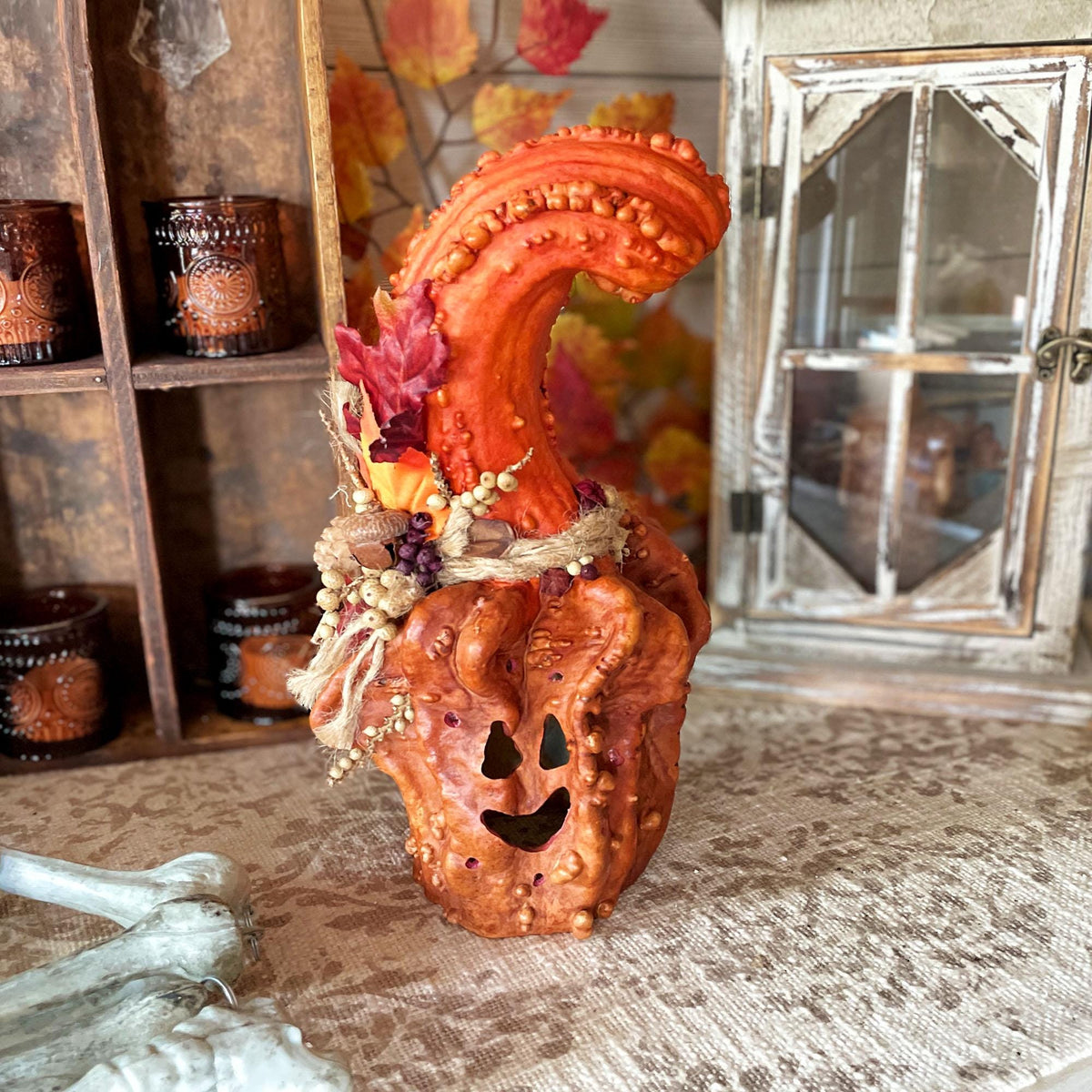 Unusual Halloween Pumpkin Decor With Candle, Fall Gourd, Autumn table decoration, Nature Inspired Decor, Unique fall collectible gourd gift