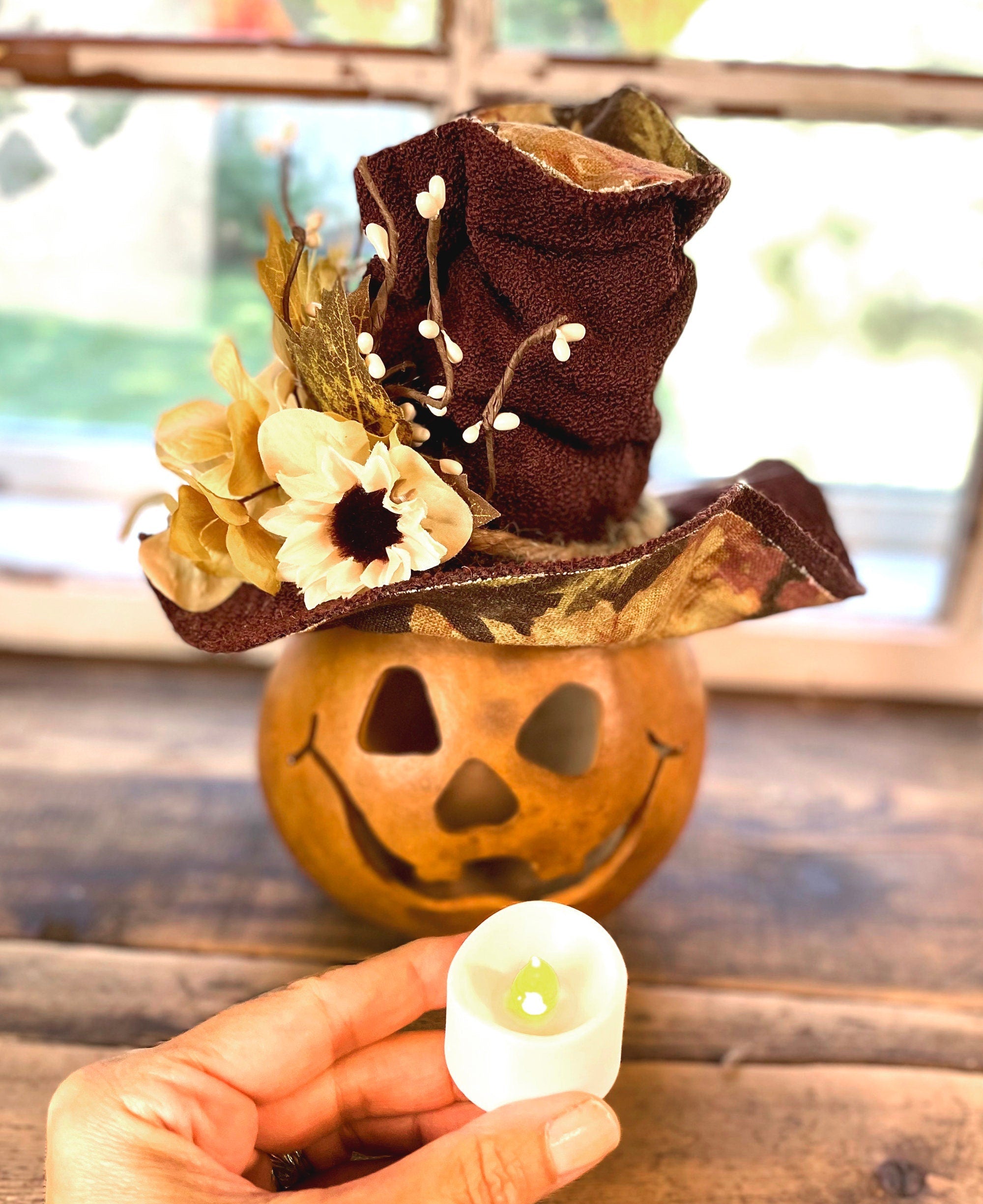 Briar – Happy Pumpkin Gourd with Autumn Hat | Handmade Lighted Fall Luminary