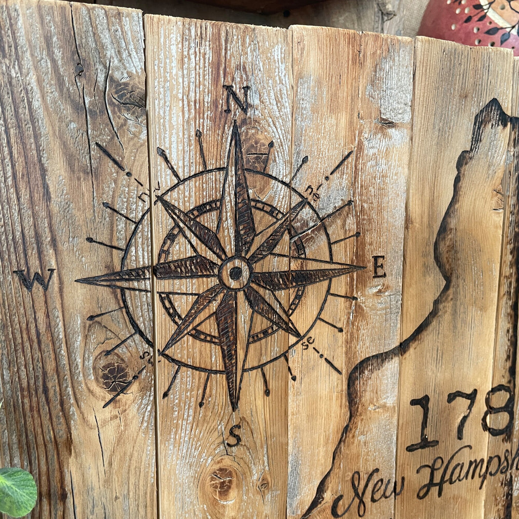 New Hampshire Wall Art – Handmade Rustic Wood State Map with Moose