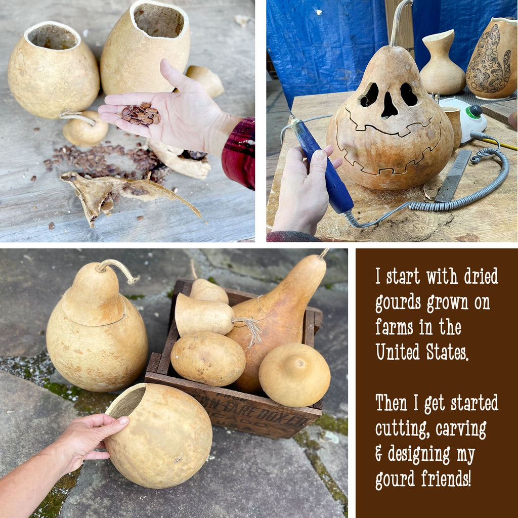 Collage of gourd carving process with text about using dried gourds from the United States.