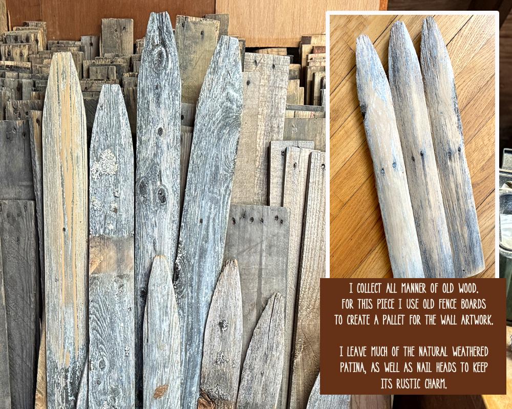 Collection of weathered wooden planks with an inset showing a close-up on a wooden surface.