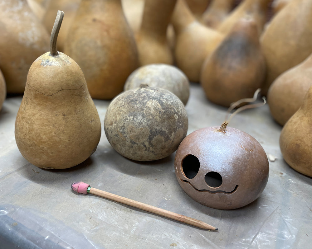 Dried gourds sit on a table with a pencil in front of them. One round gourd has a silly face carved into the shell
