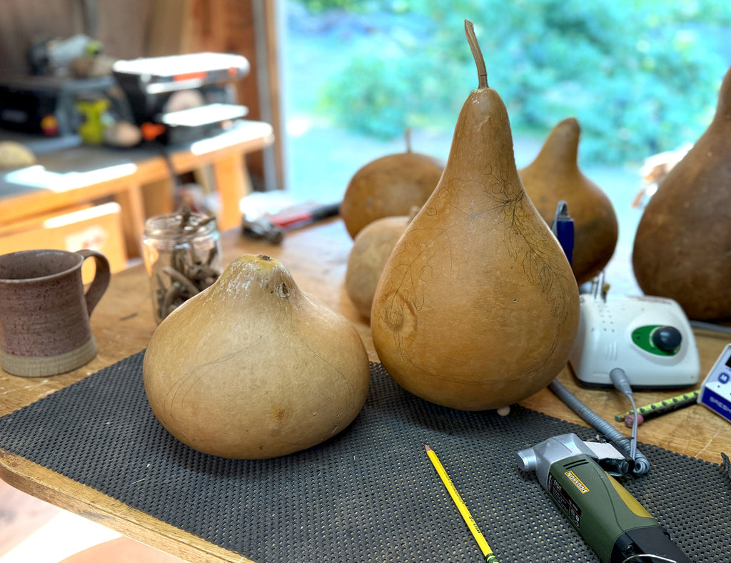 Dried gourds sitting on work table. 