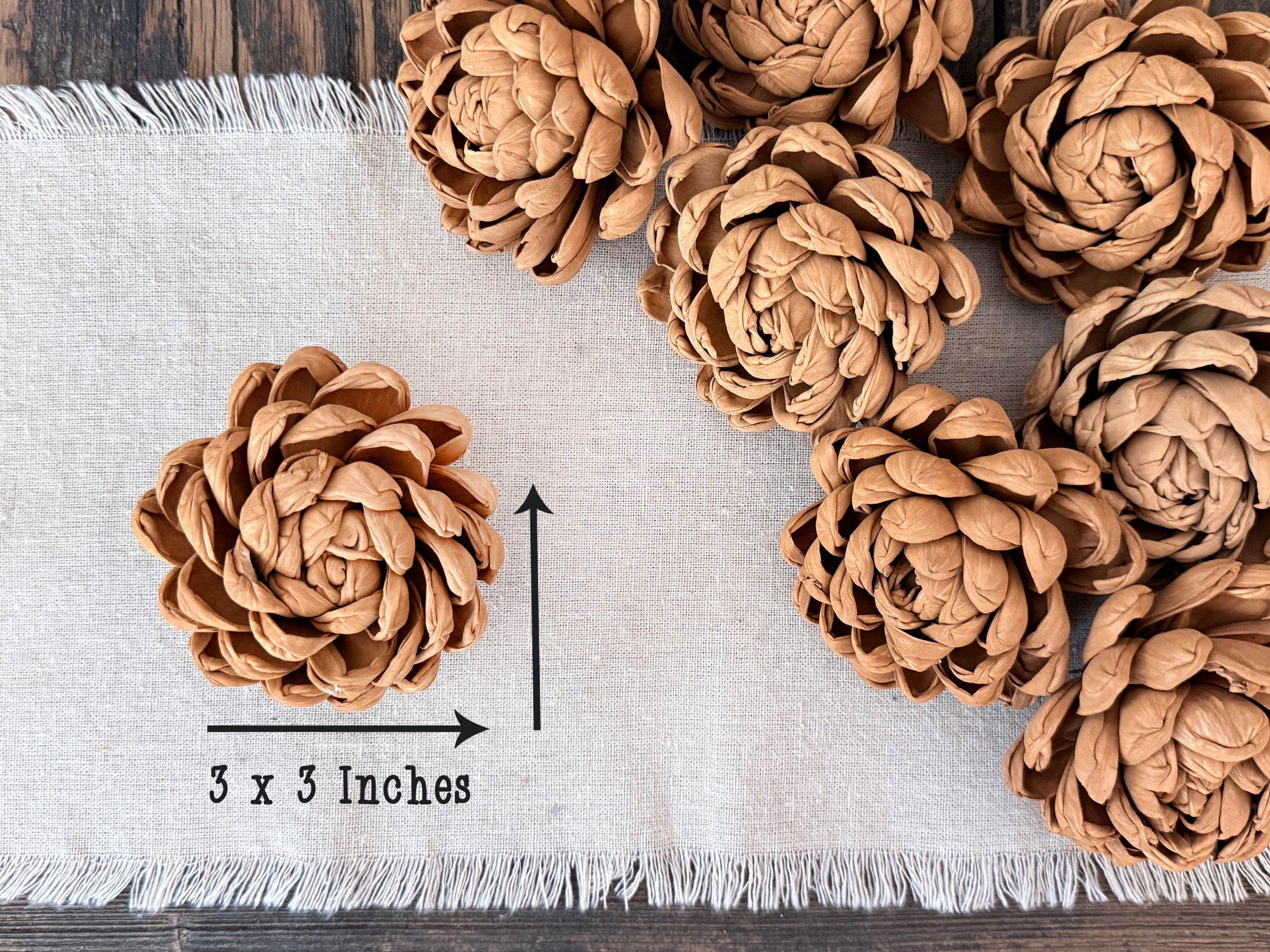 Brown decorative flowers on a white fabric background with measurement label