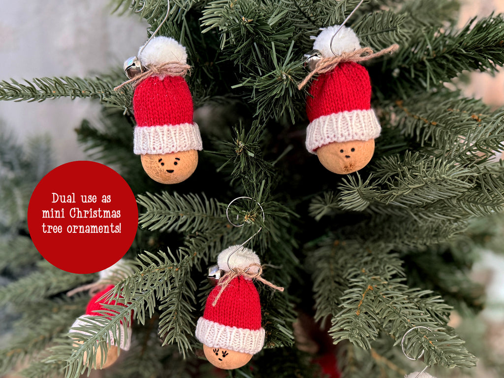 Image shows Santa gourds used a Christmas tree ornaments.