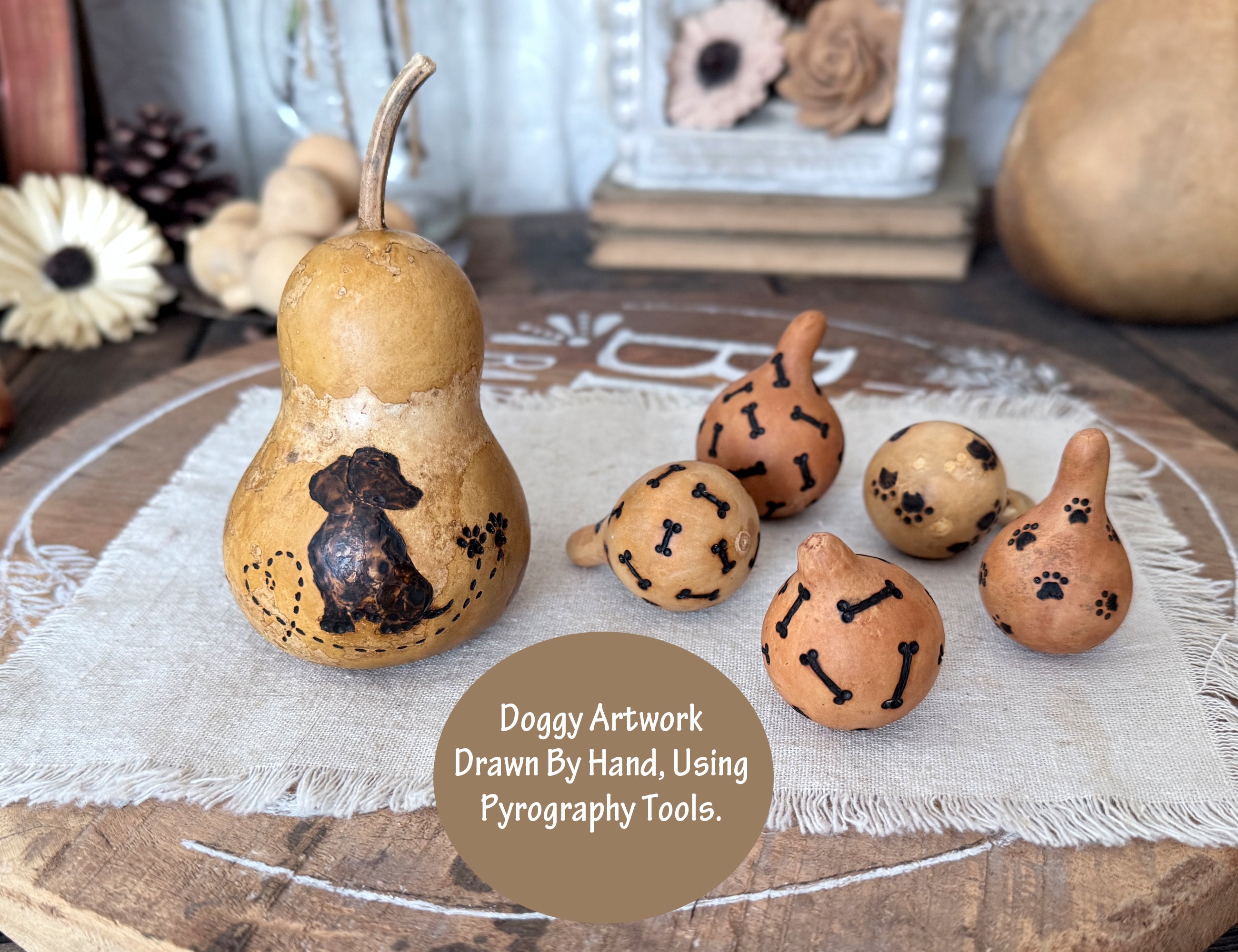 Dachshund home decor. Decorative gourds with doggy artwork on a wooden surface.