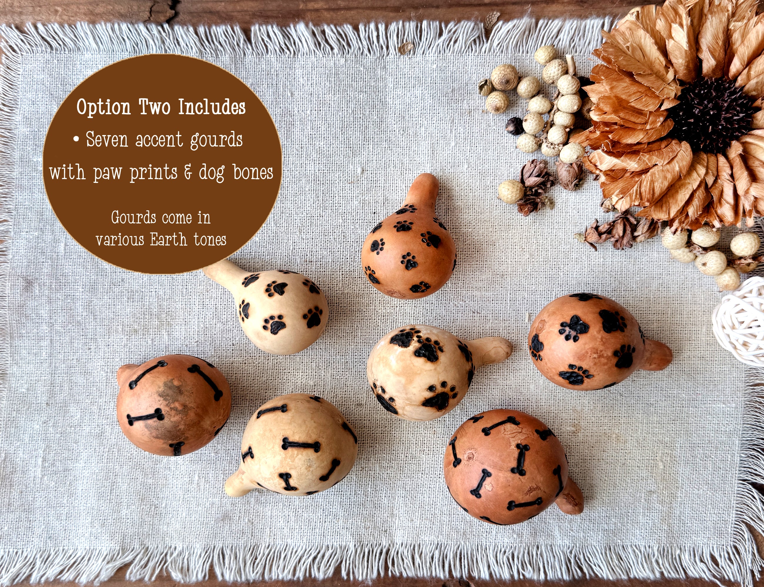 Show option for buying seven, 2 inch accent gourds bowl filler. Gourds have paw prints and dog bones burned onto the shell.