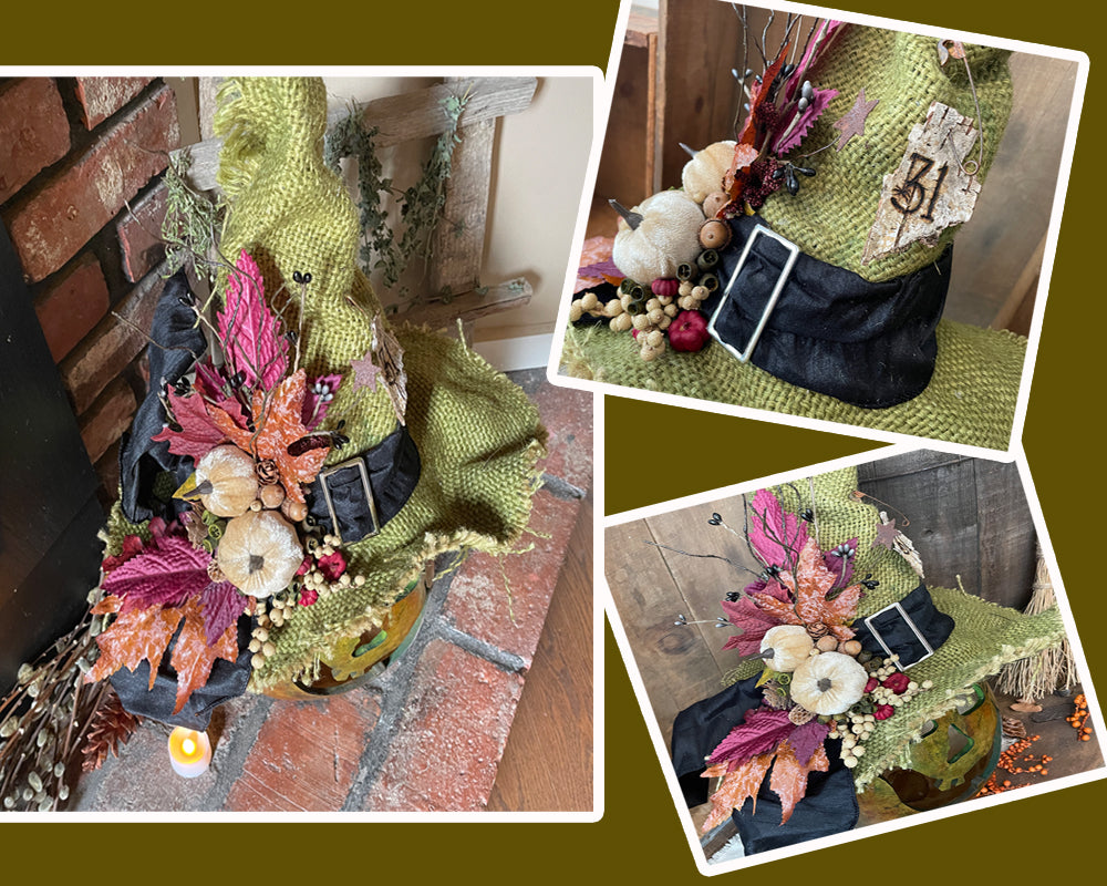 A collage of images showing the different angels of the green witch hat.