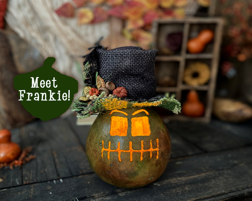 Decorative gourd with a top hat and carved face, labeled 'Meet Frankie', on a wooden surface with pumpkins in the background.
