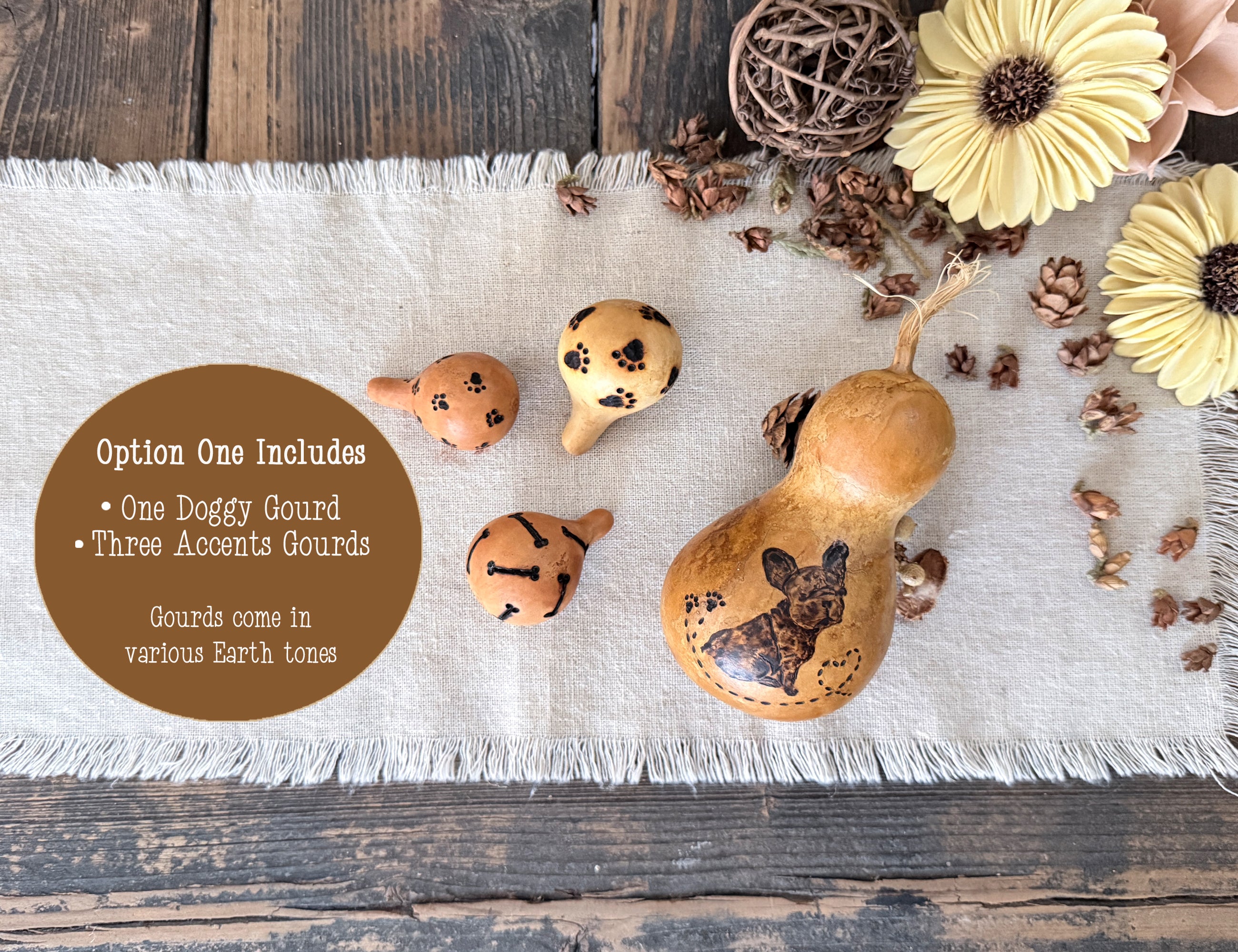 Decorative gourds on a wooden surface with text overlay