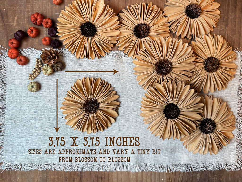 beige wood flowers arranged on a textured surface with measurements indicated.