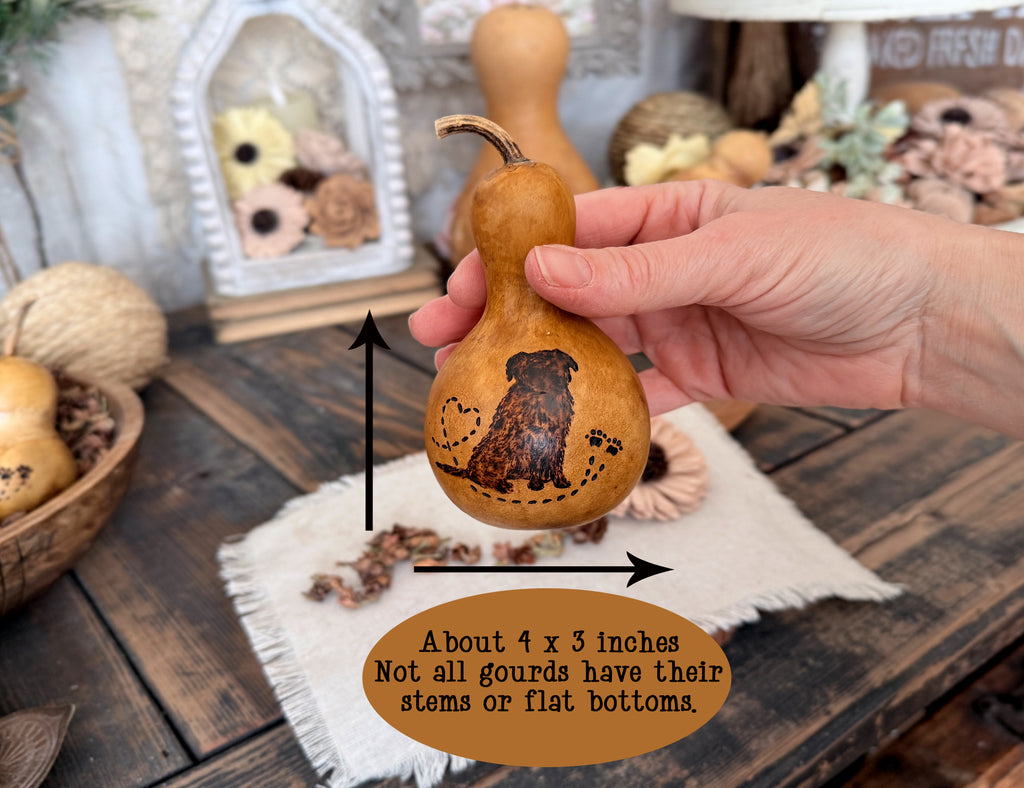 Hand holding a Golden Retriever gourd , surrounded by decorative items on a wooden surface.