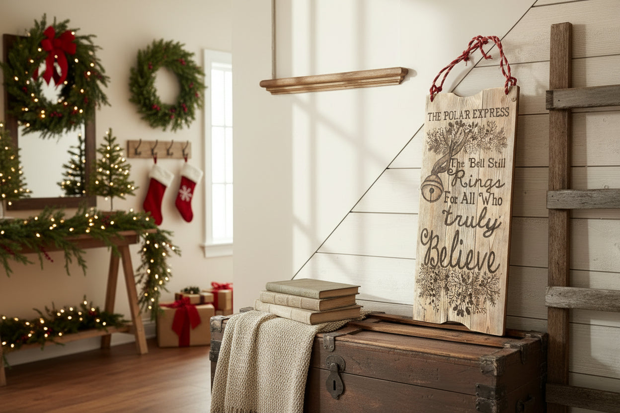 Decorative sign with text and a bell illustration hanging on a wooden wall.