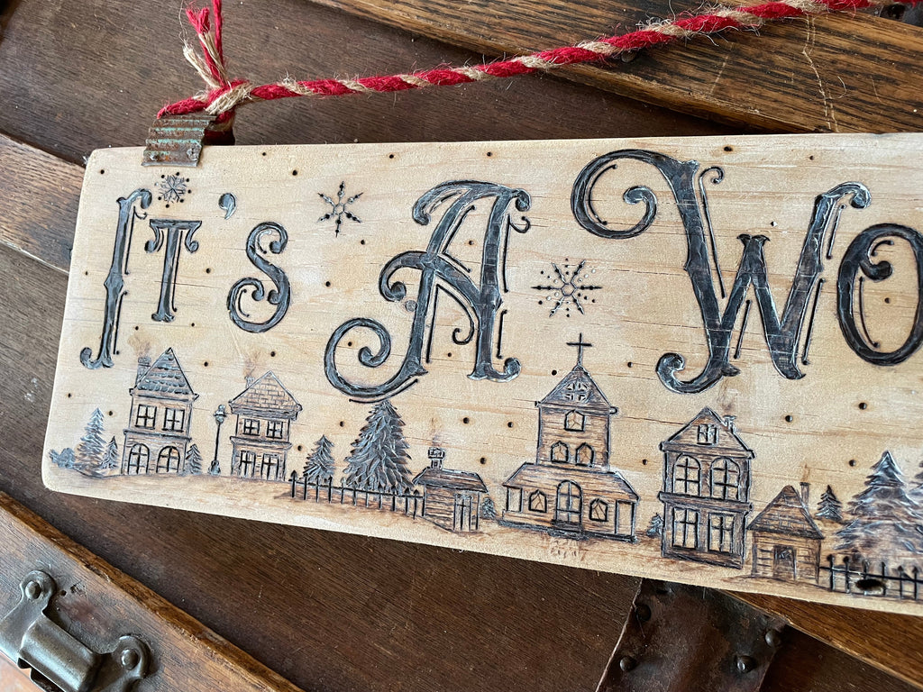 Rustic Christmas Sign – Wood-Burned “It’s a Wonderful Life” Holiday Wall Art
