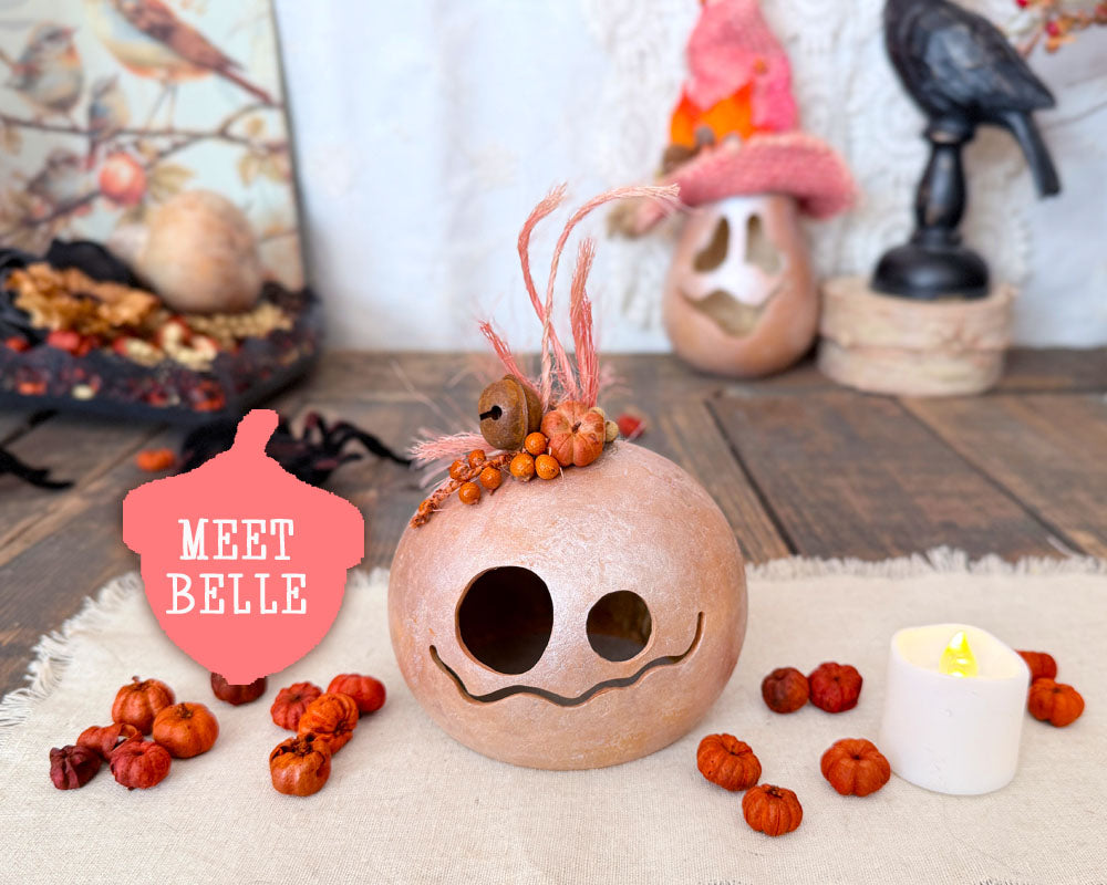 A cute pink ghost with big eyes, name Belle. She is made from a dried gourd with a round shape. She has a silly face carved and sprigs of pink hair sticking out on her head. 