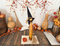 A decorative autumn scene with a central gourd figure wearing a pointed black hat and holding a broom, surrounded by gourds, berries, dried flowers, and rustic fall decor on a wooden surface against a white textured backdrop.