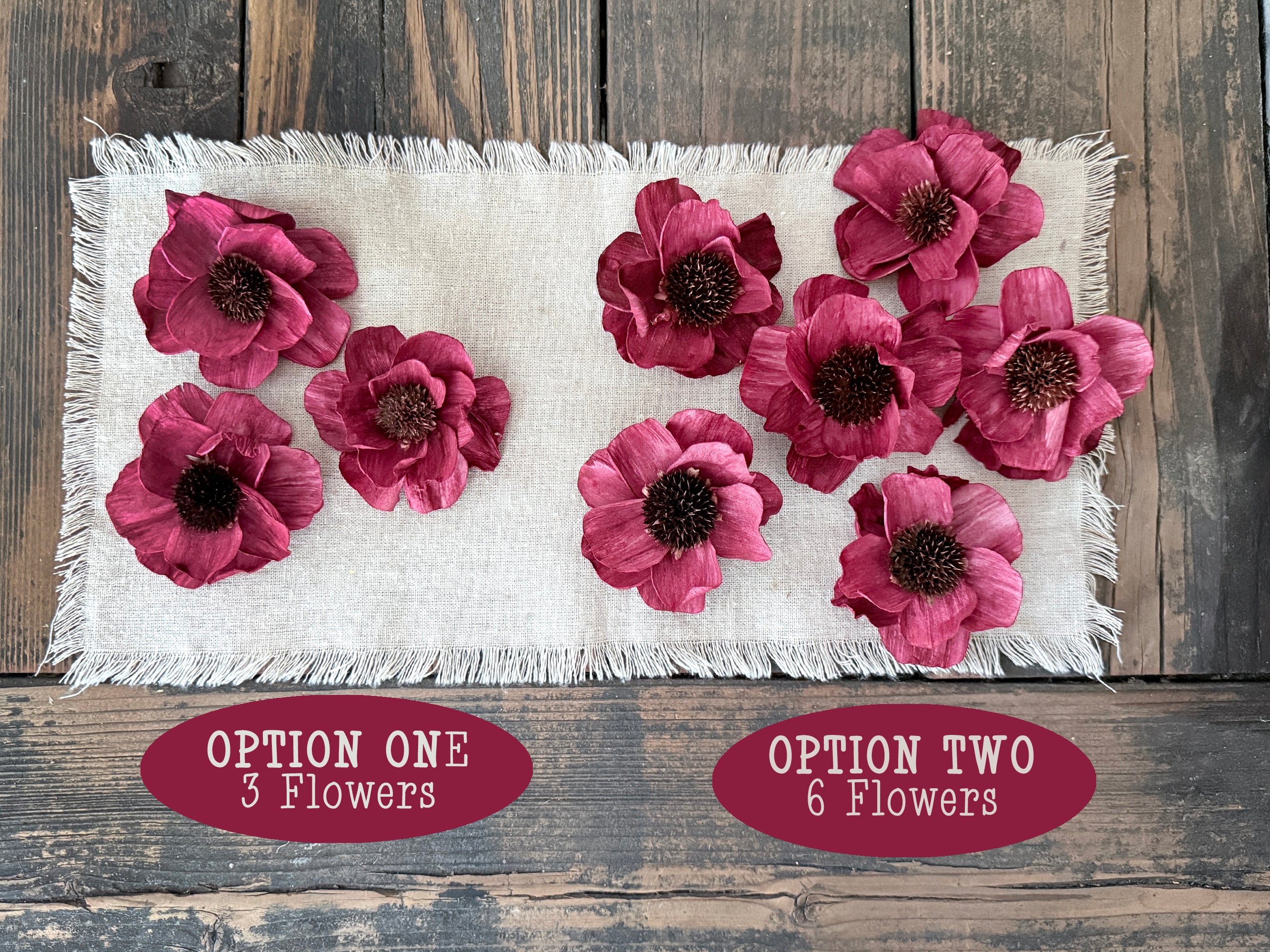 Set of red flowers on a white fabric with 'Option One' and 'Option Two' labels.