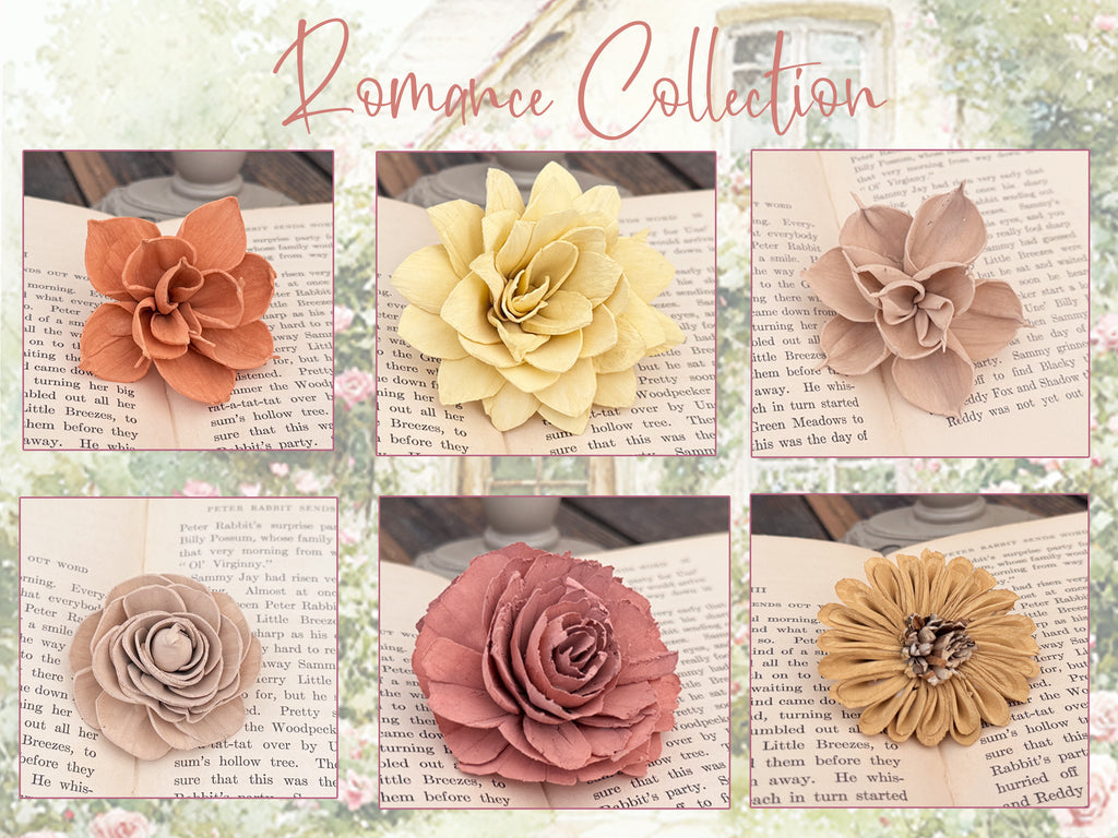 Collage of floral hair clips on vintage book pages with 'Romance Collection' text.