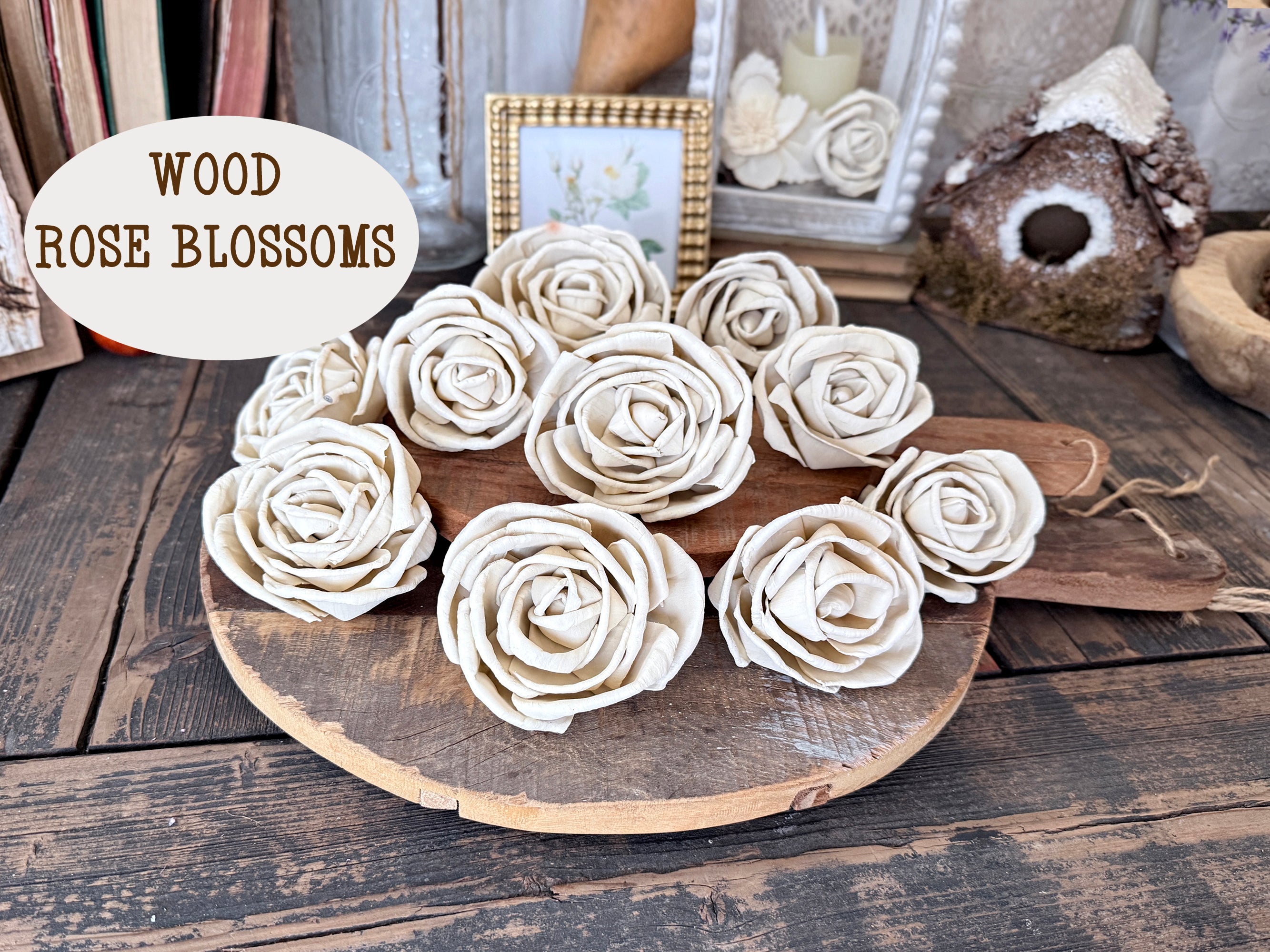 Wooden bead board with white rose blossoms on a rustic wooden surface, with 'Wood Rose Blossoms' text overlay.