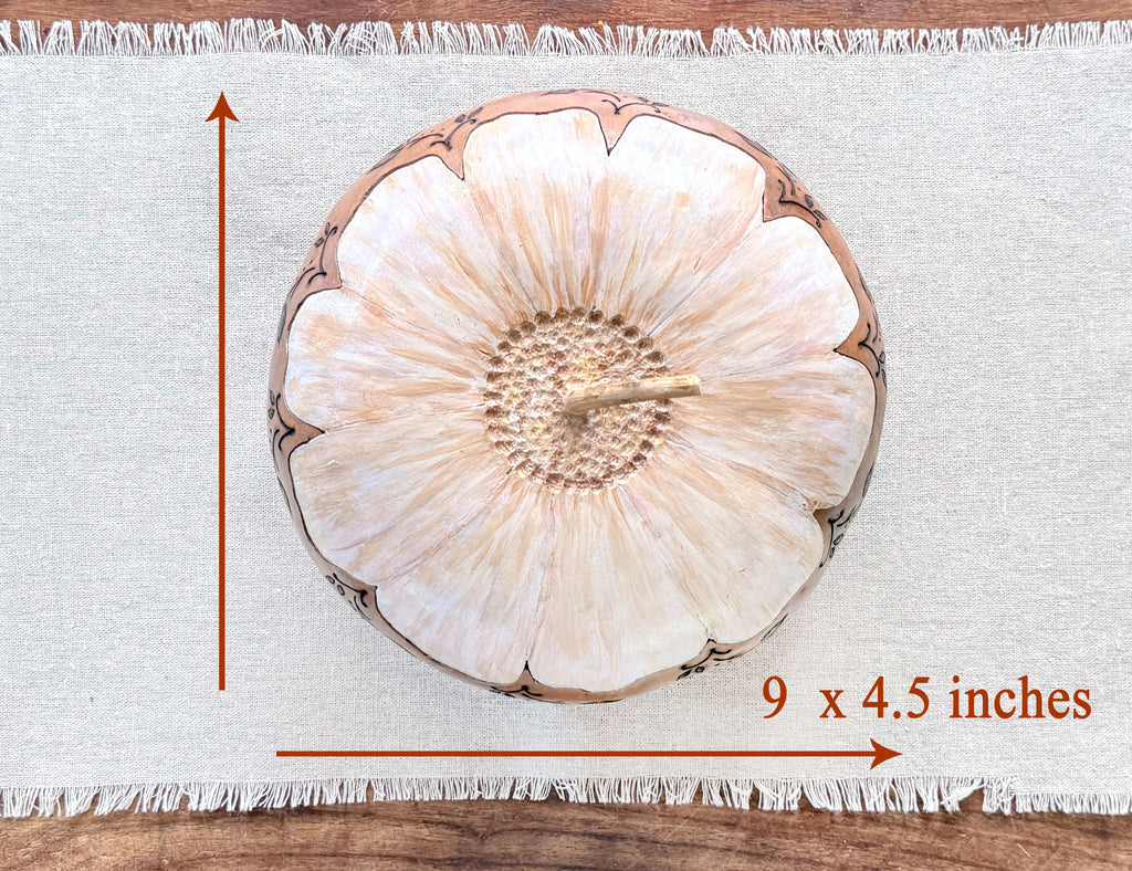 Top down view of gourd bowl showing it measures 9 by 4.5 inches