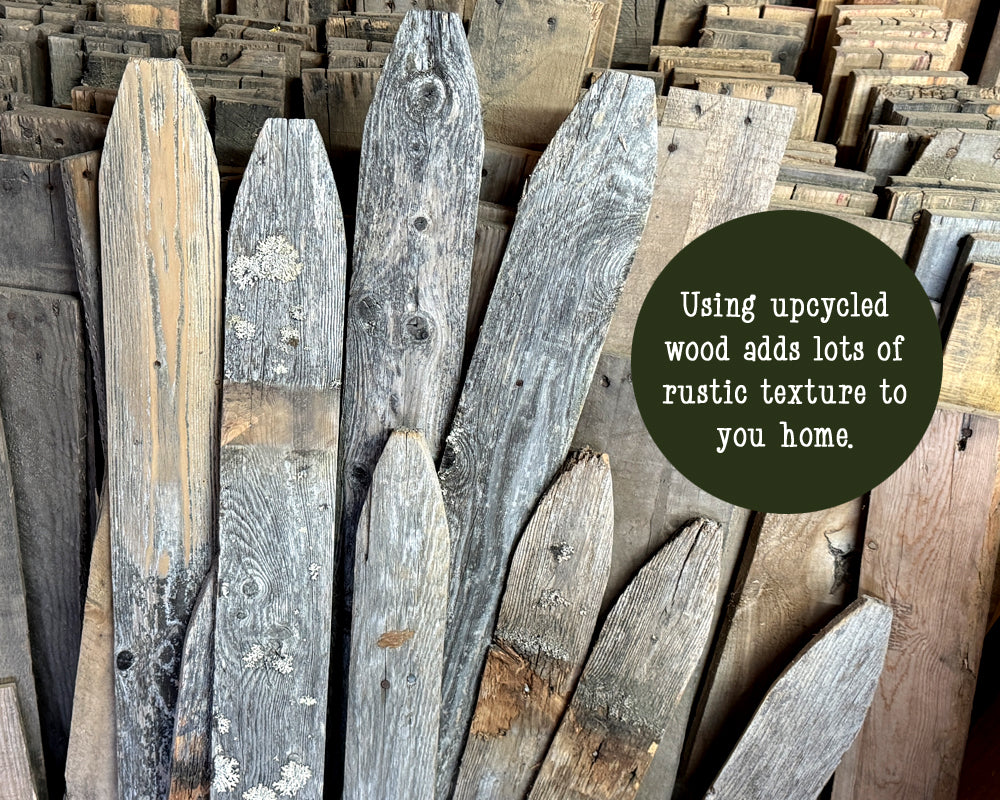 Pile  of upcycled wooden planks with a text overlay about adding rustic texture to a home.